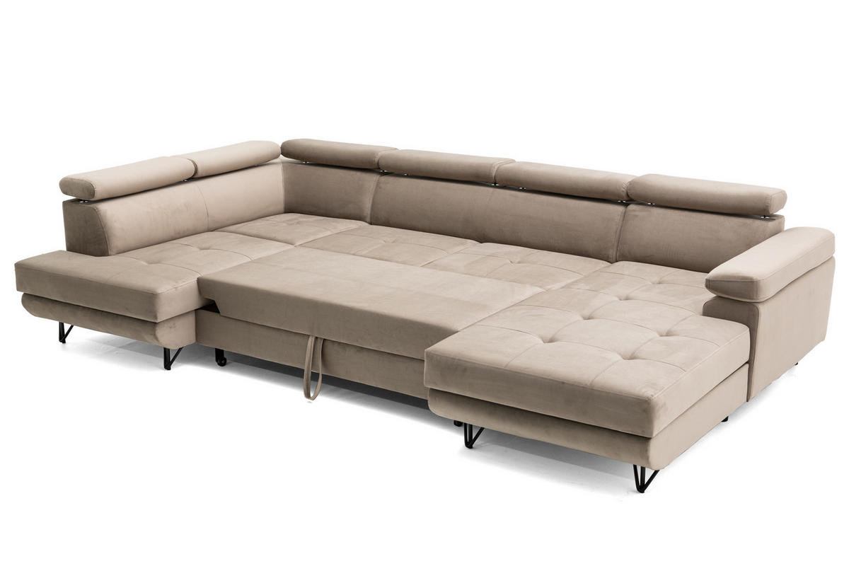 ECKSOFA U-Form JUNIOR U Links mit Schlaffunktion 128x254 Velours Beige - Beige/Schwarz, Holz/Textil (323/90/184cm) - Muffo