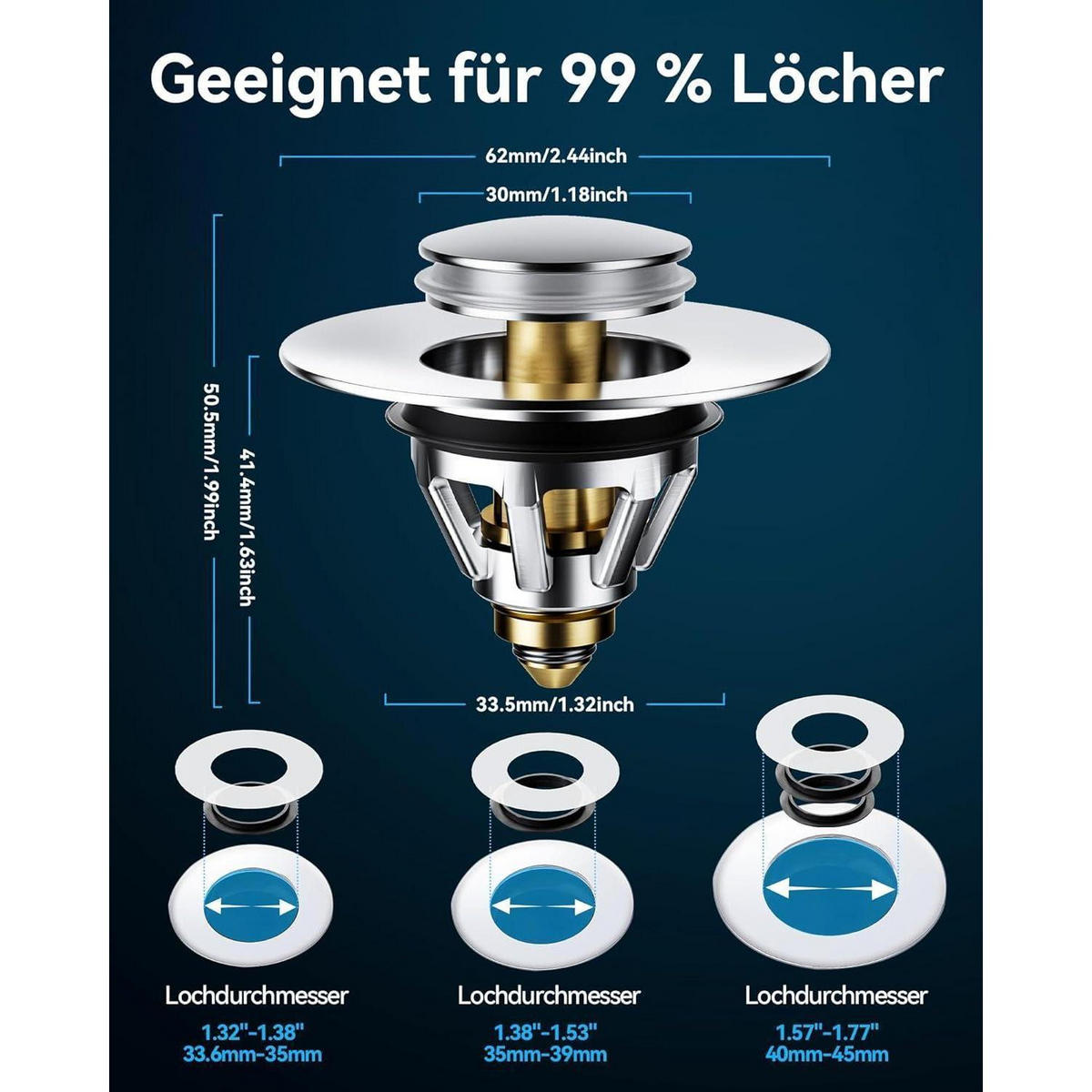 WASCHBECKENSTÖPSEL Pop-Up mit Sieb 34-45mm Silber 1 Stück - Silberfarben, Metall (5.1/3.4/6.2cm)