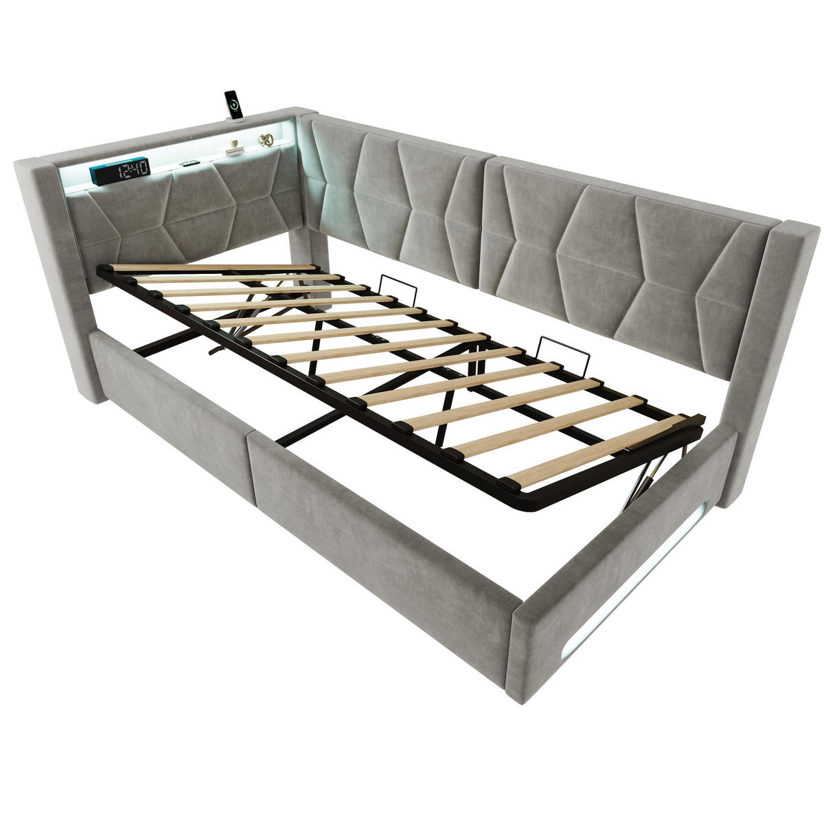 POLSTERBETT 90/200 cm in Dunkelgrau mit Stauraum, LED-Beleuchtung und USB - Dunkelgrau, Metall (90/200cm) - Flora Grace