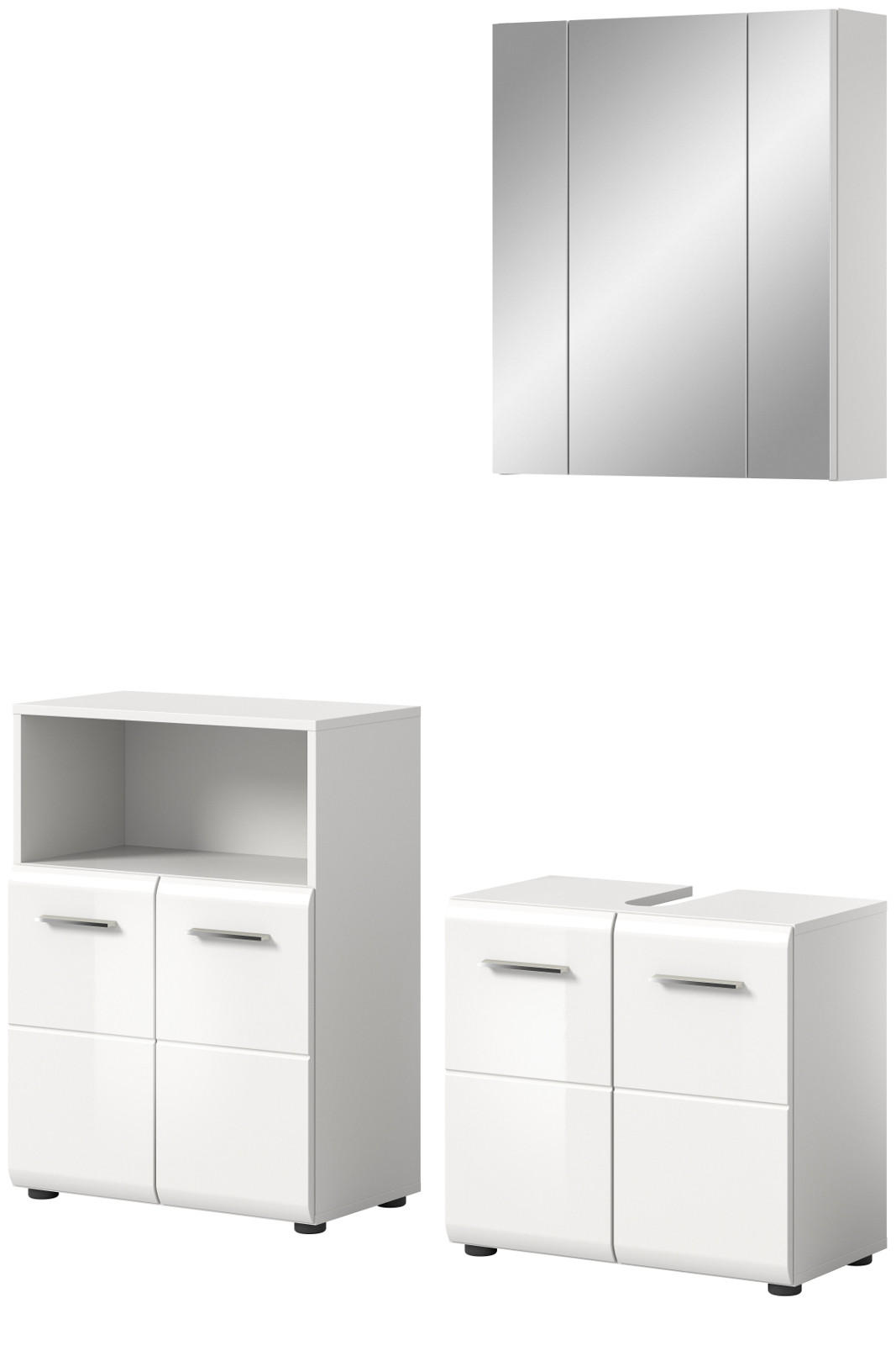 BADMÖBEL SET 3-teilig in weiß Hochglanz Badkombination 135 x 185 cm Cover - Weiß Hochglanz/Silberfarben, Holzwerkstoff/Kunststoff (135/185/30cm) - Inn.Furn