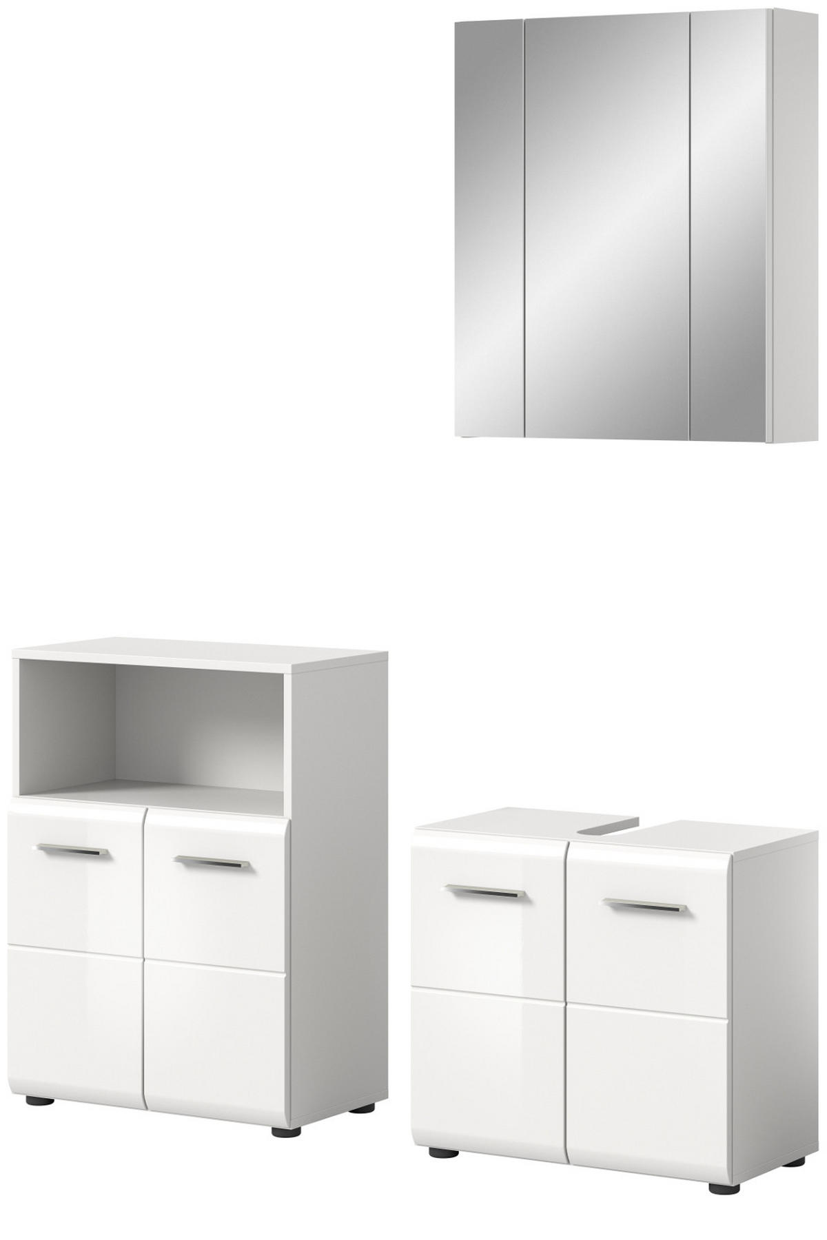 BADMÖBEL SET 3-teilig in weiß Hochglanz Badkombination 135 x 185 cm Cover - Weiß Hochglanz/Silberfarben, Holzwerkstoff/Kunststoff (135/185/30cm) - Inn.Furn