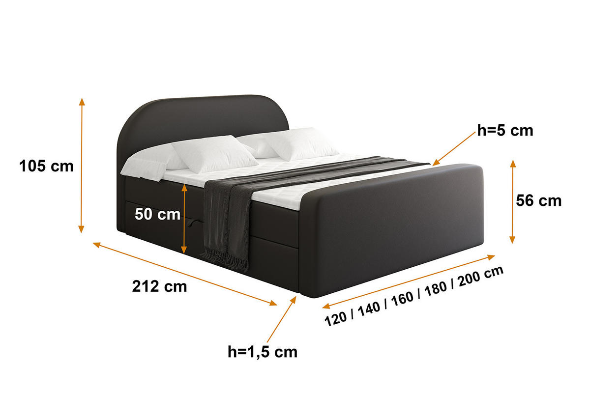 BOXBETT mit Matratze H4 und Lattenrost - NOX-Z - 160x200 - Schwarz Kunstleder - Schwarz, Holzwerkstoff (160/200cm) - ALTDECOR
