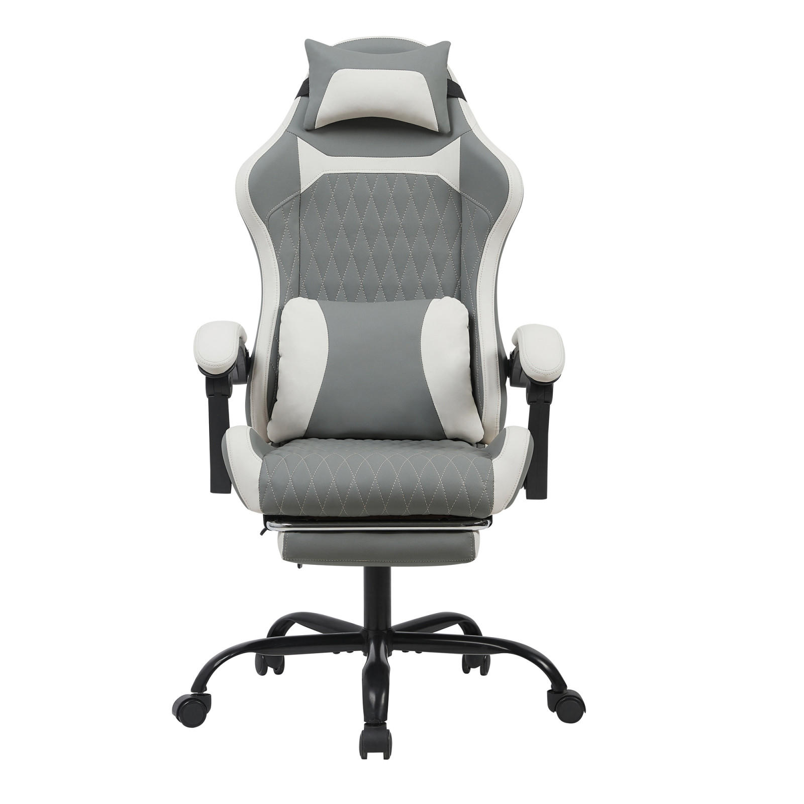 GAMING-STUHL grau mit Rautensteppung, Fußstütze, Nacken- und Lendenkissen, höhenverstellbar - Grau, Leder (54/124/62cm) - BRILVERDE