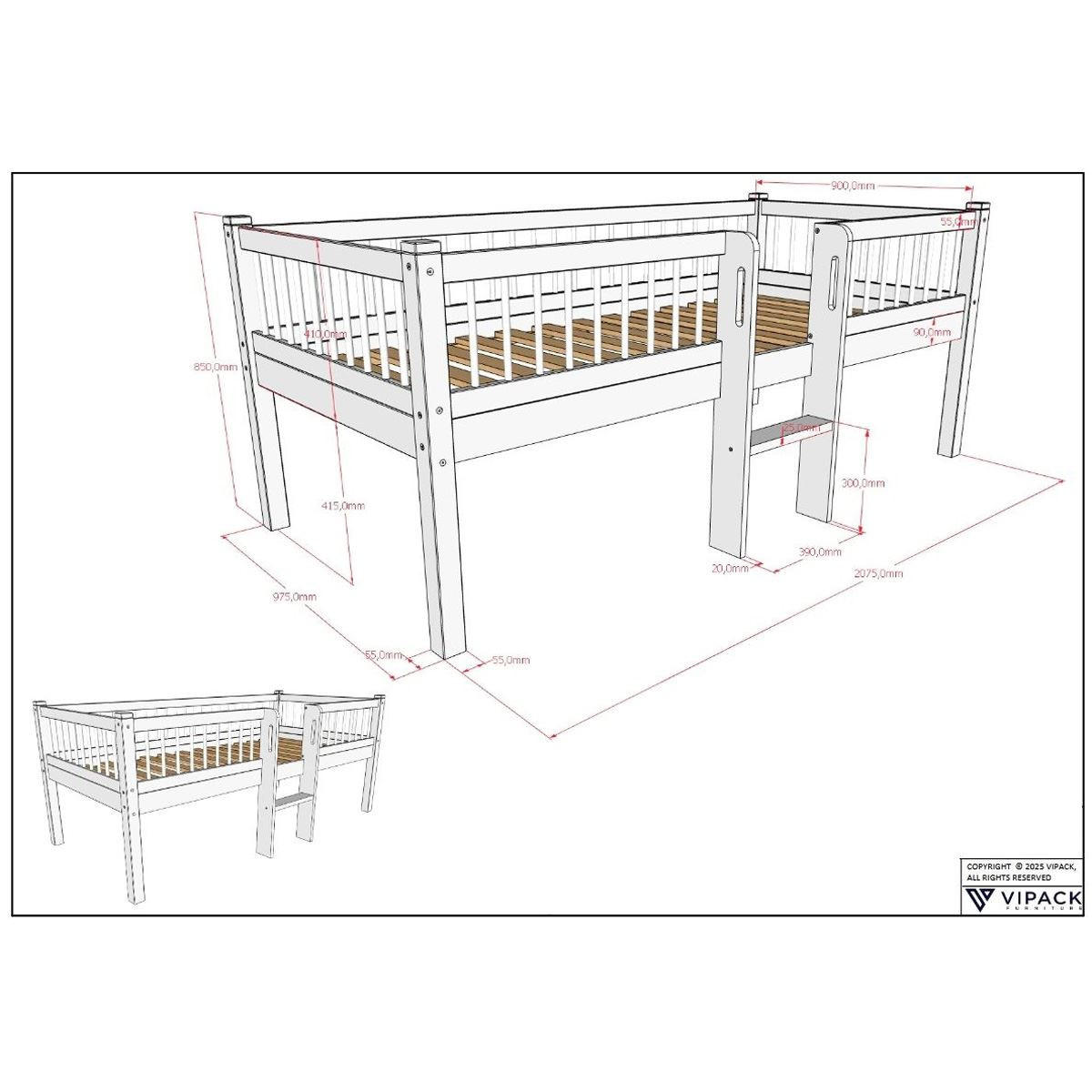 SPIELBETT 90x200 Keeley Buche Weiß Leiter Boxen Holz - Weiß, Holz (90/200cm) - 58aufmkessel