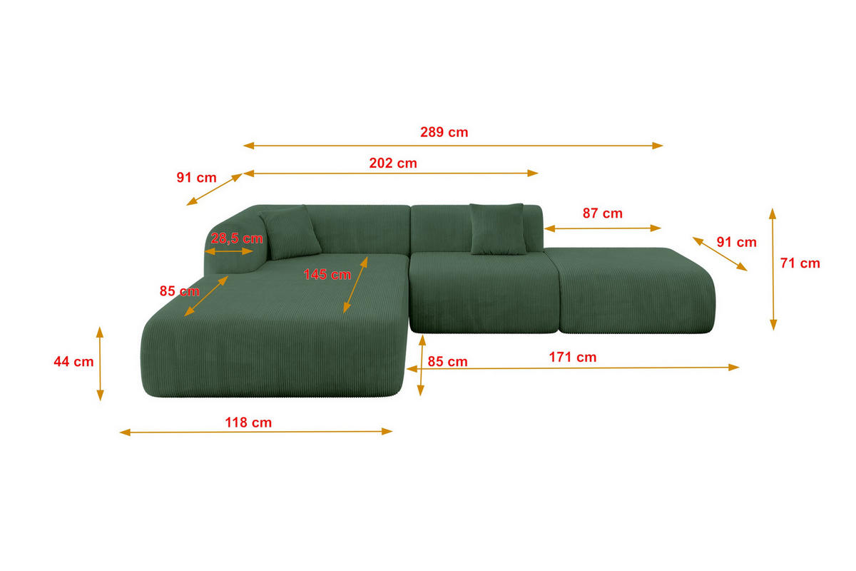 ECKSOFA Ottomane Links OVLY-L 289x176x71 Grün Cord - Waldgrün/Schwarz, Holzwerkstoff/Kunststoff (176/289cm) - ALTDECOR