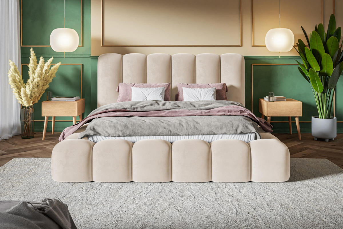 BETT 120x200 - Polsterbett mit Bettkasten und Metallrahmen - Modern Bett - Eleganter Amor-Velvet-Stoff - Kollektion Nora Maxi - Beige - Beige, Holz/Textil (120/200cm) - Alpi-Möbel