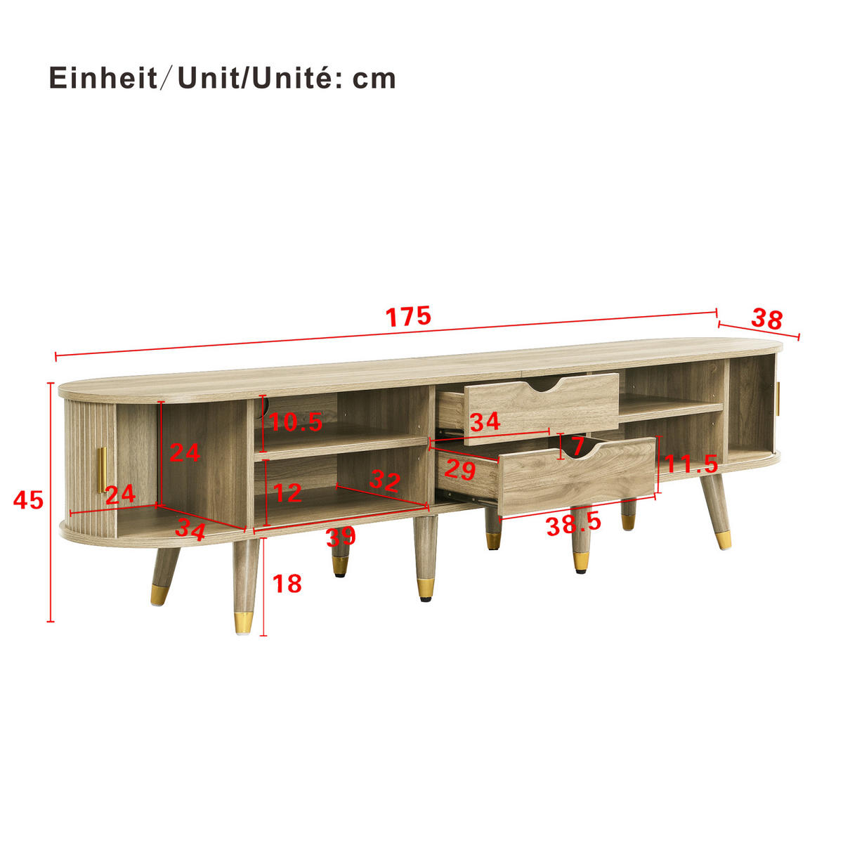TV Lowboard 2 Schiebetüren, 2 Schubladen, Eiche - Braun, Holz (175/45/38cm)