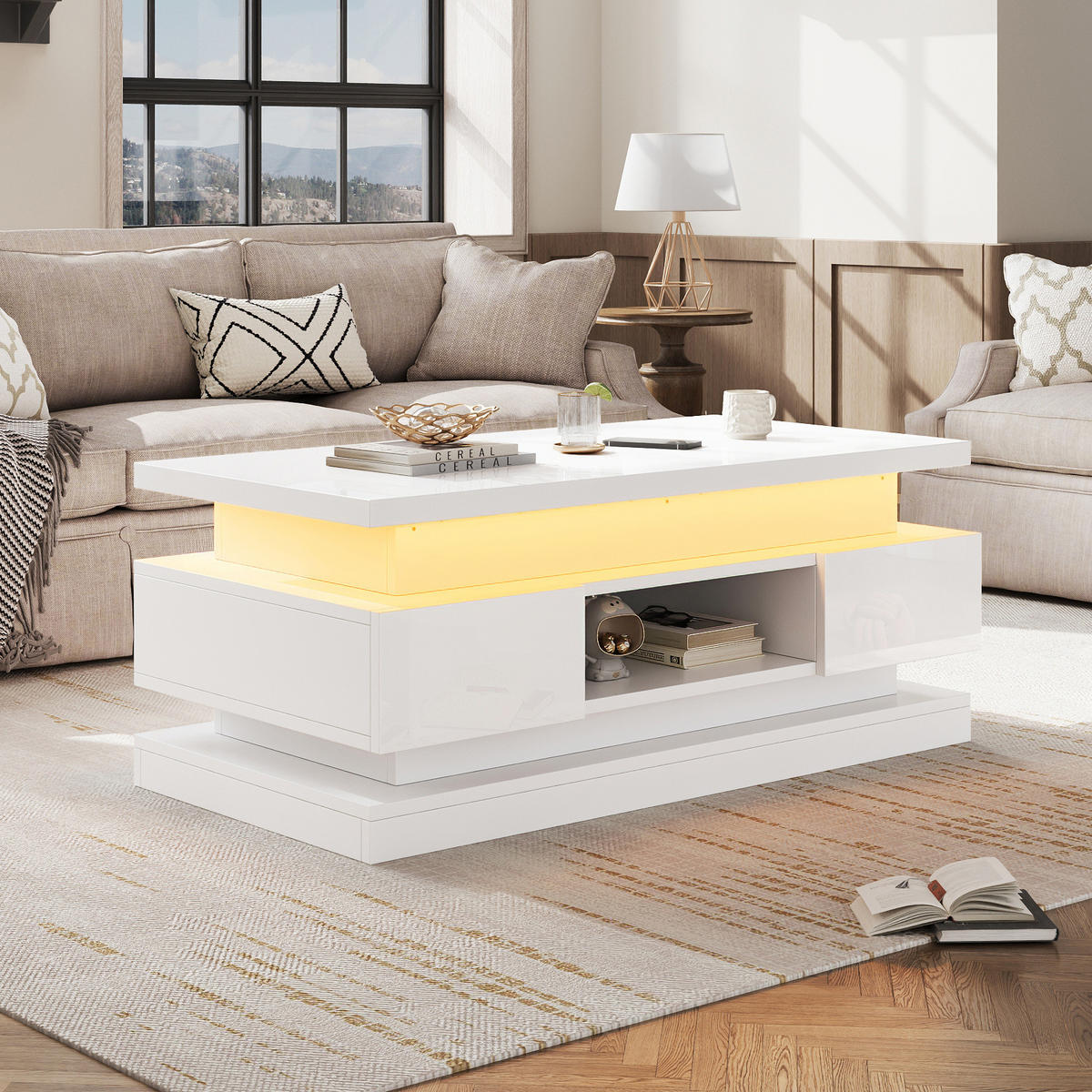 COUCHTISCH 100/50/40 cm höhenverstellbar mit LED, USB-Anschluss, 2 Schubladen und Stauraum, Weiß - Weiß, Holzwerkstoff (100/50/40cm) - Redom