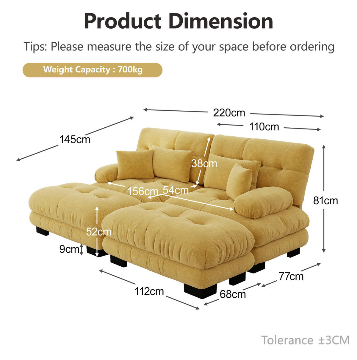 ECKSOFA 200/145/81 cm gelb aus Chenille mit 2 Ottomanen und Kissen - Gelb, Textil (145/220cm) - OKWISH