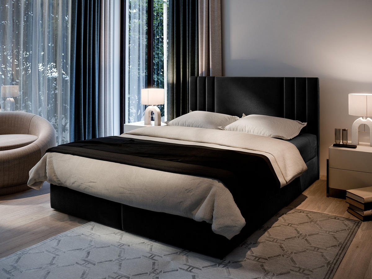 BOXBETT BRES 180x200 cm mit Matratze und Topper - Schwarz - Schwarz, Holz (180/200cm) - MASSENO