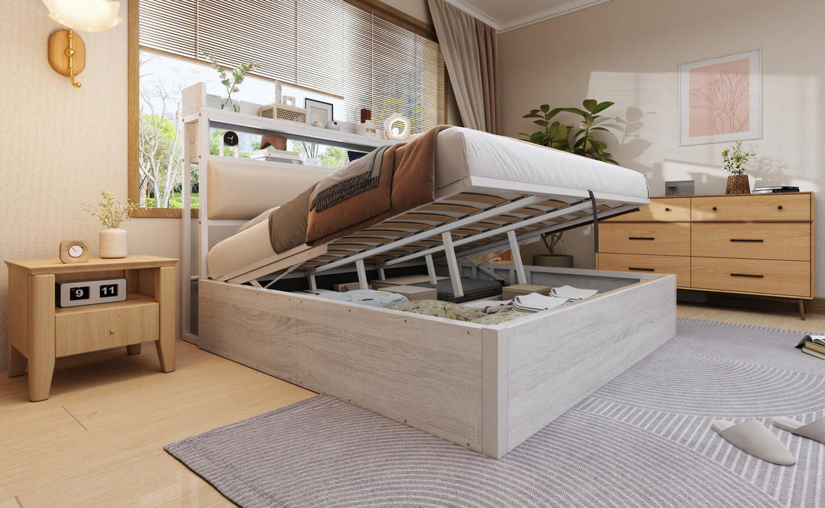 BETT 180/200 cm Weiß aus Metall/Stoff/MDF mit Stauraum und USB - Weiß, Metall (180/200cm) - OKMYHOME