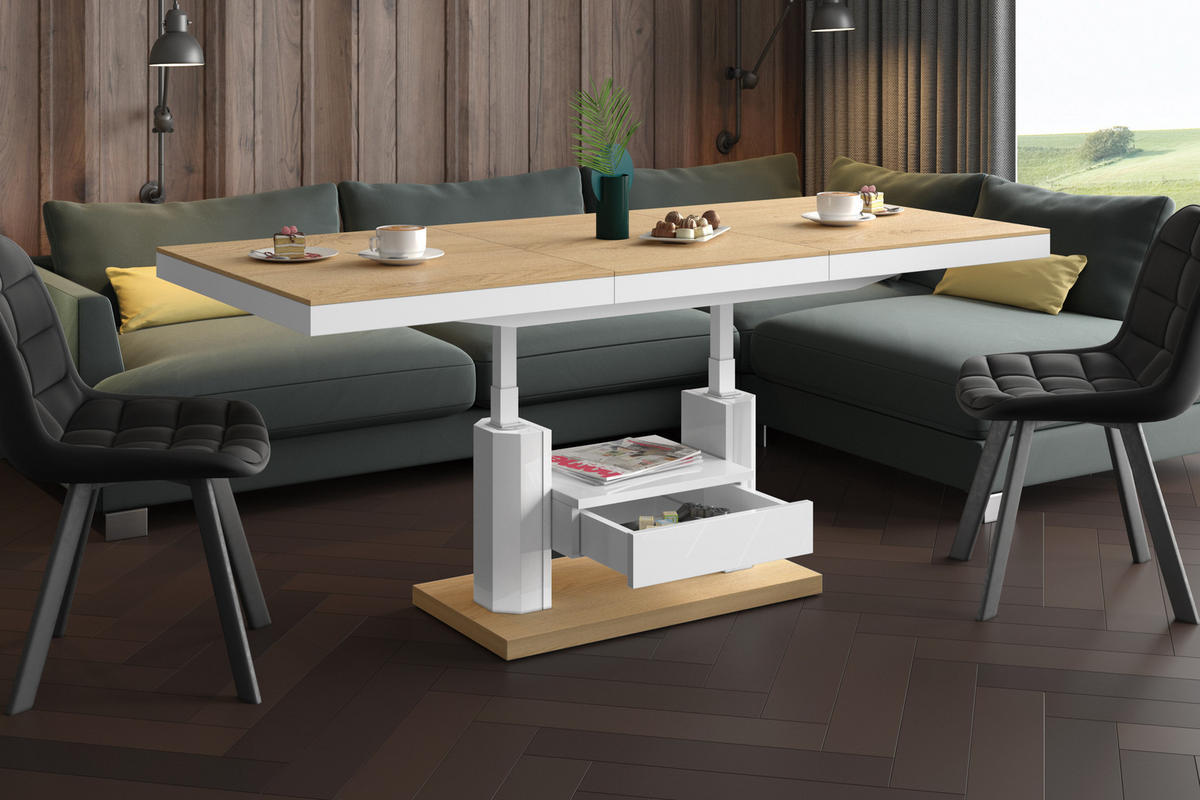 COUCHTISCH rechteckig höhenverstellbar ausziehbar Schublade 120/75/56 cm - Weiß Hochglanz/Eichefarben, Holzwerkstoff (75/120/56cm) - designimpex