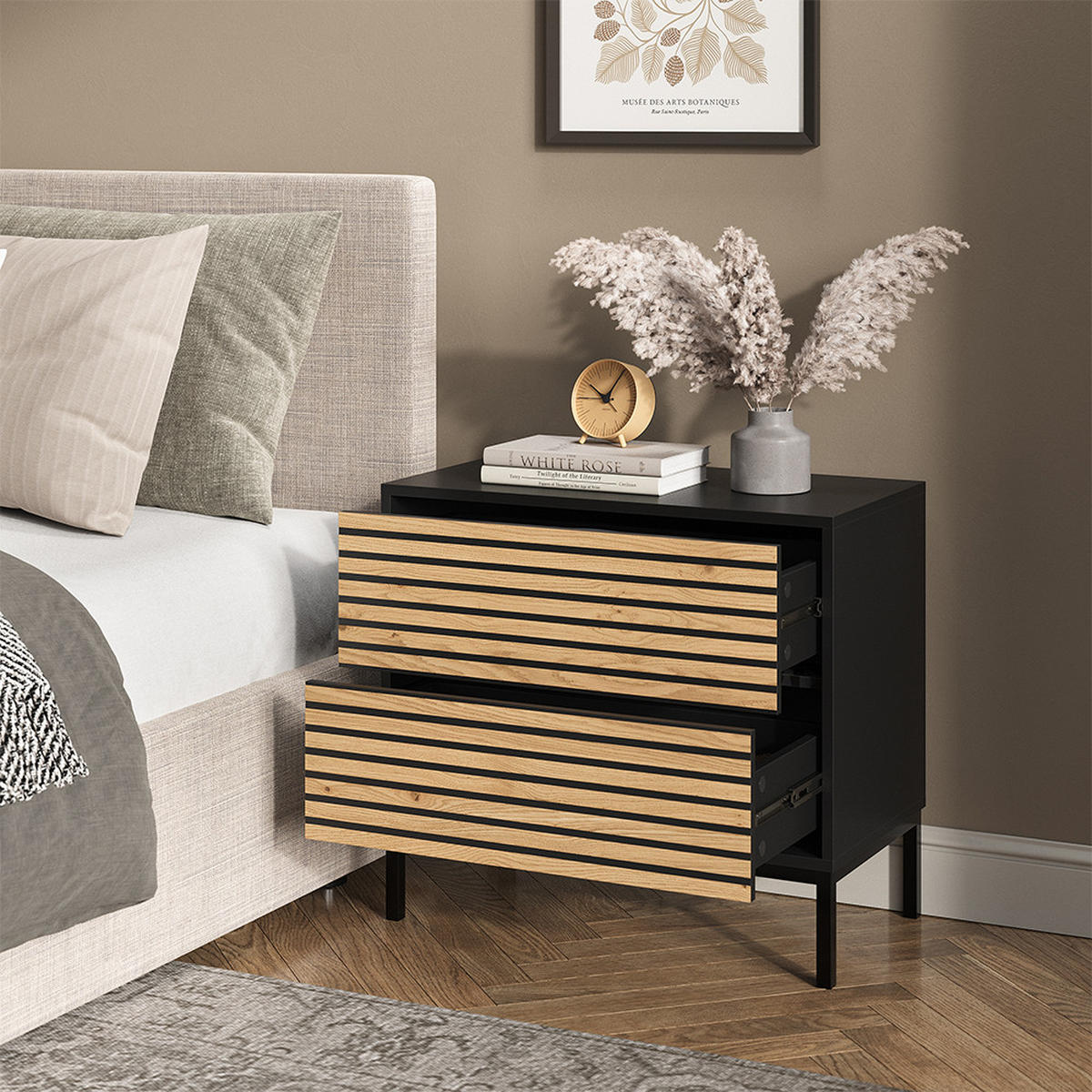 NOČNÍ STOLEK Eliza Černá/dubová - medově dubová/antracitová, kompozitní dřevo (66/60/36cm) - Vicco
