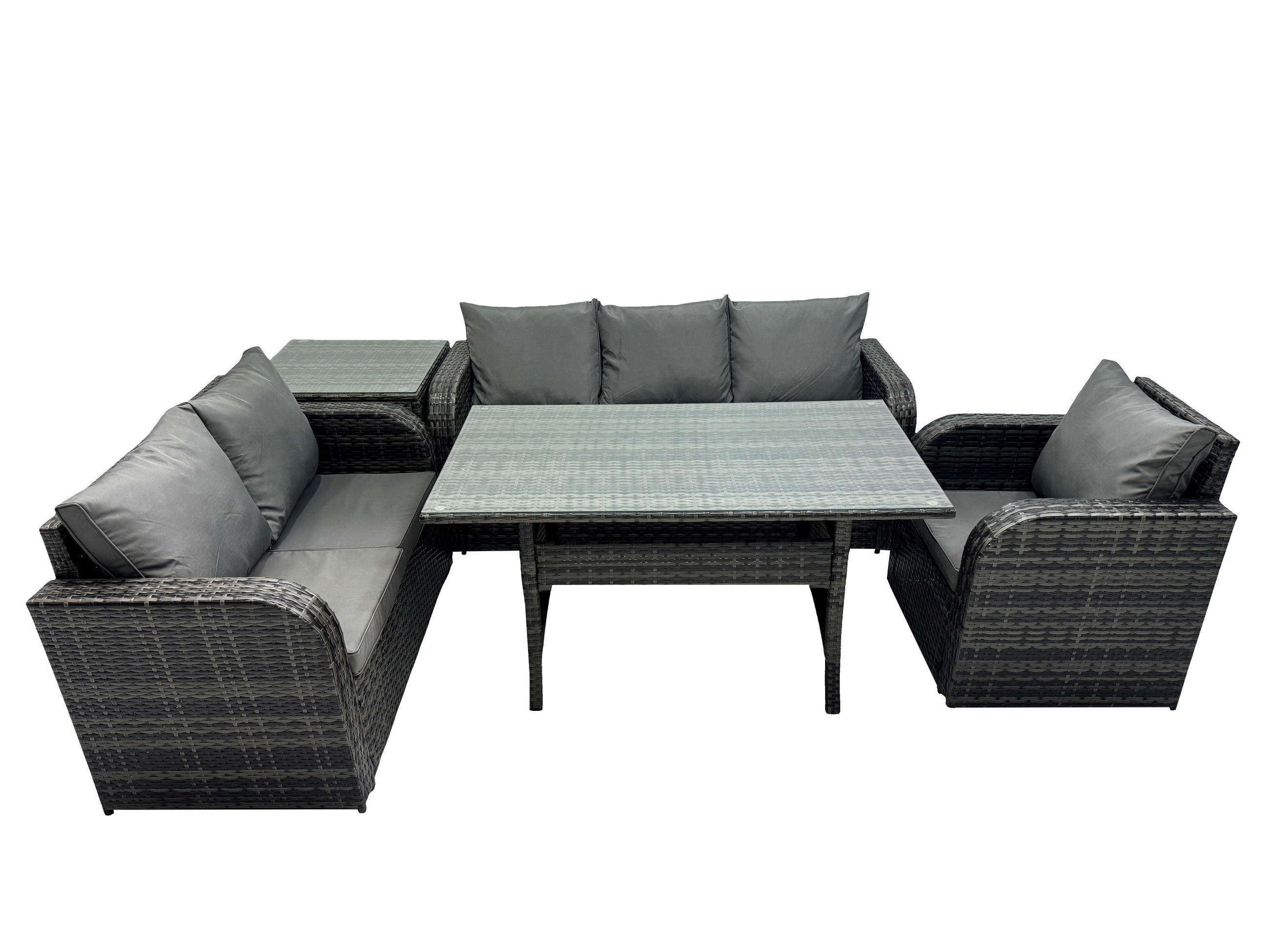 GARTENTISCHGRUPPE mit Liegestuhl,Hocker,Beistelltisch Polyrattan 6-Sitzer - Dunkelgrau/Grau, Glas/Kunststoff - Fimous