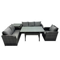 GARTENTISCHGRUPPE mit Liegestuhl,Hocker,Beistelltisch Polyrattan 6-Sitzer - Dunkelgrau/Grau, Glas/Kunststoff - Fimous