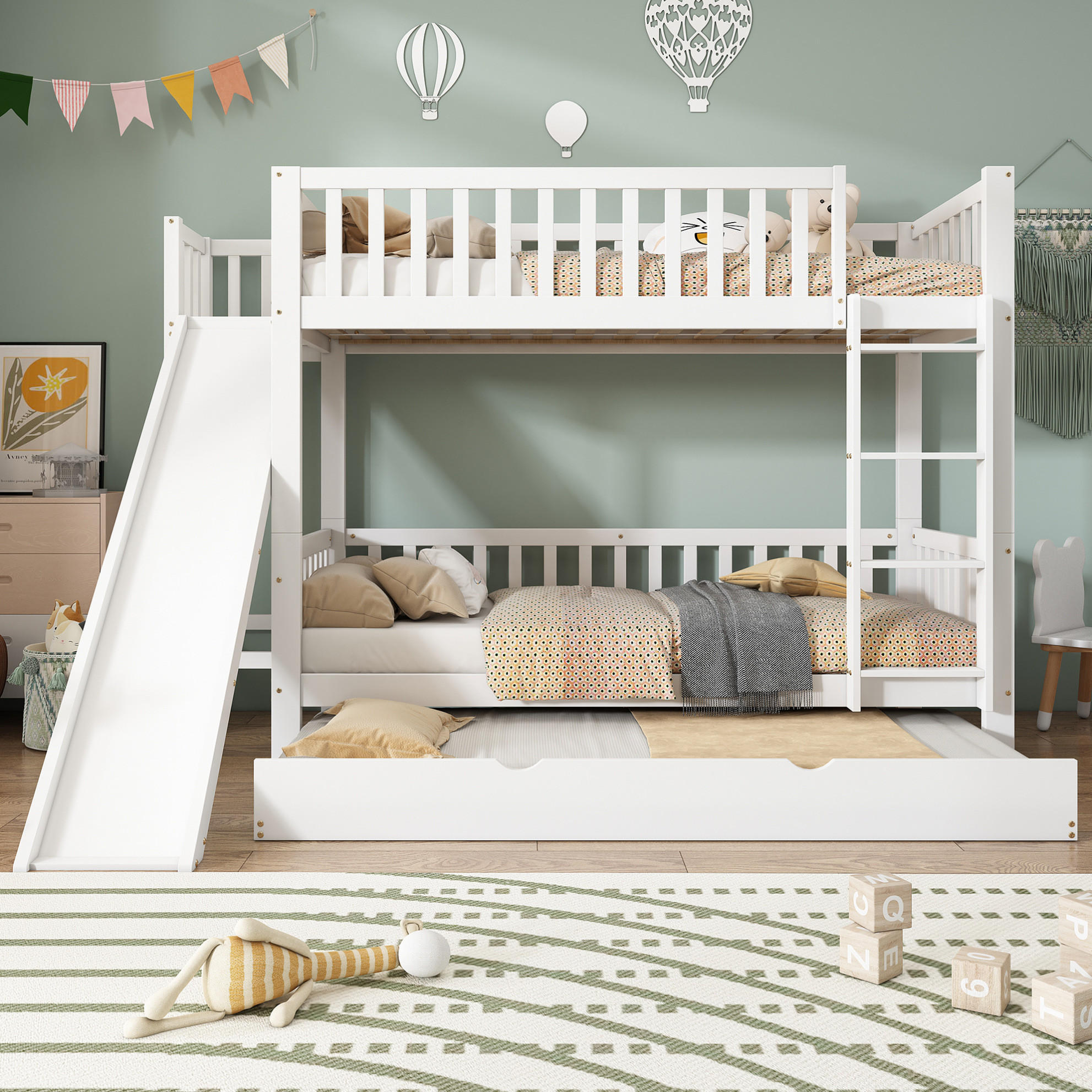 ETAŽNA postelja iz bora in MDF 90x200 cm bela z izvlečno posteljo, toboganom, polici in štiristopenjsko ravno lestvijo - bela, leseni material (90/200cm) - Modfu
