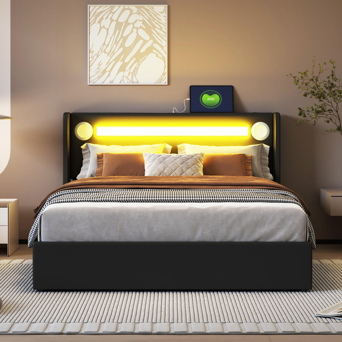 ČALÚNENÁ posteľ 140/200 cm s LED osvetlením, Bluetooth prehrávačom a USB nabíjaním, úložný priestor, Čierna - čierna, plast (140/200cm) - Redom