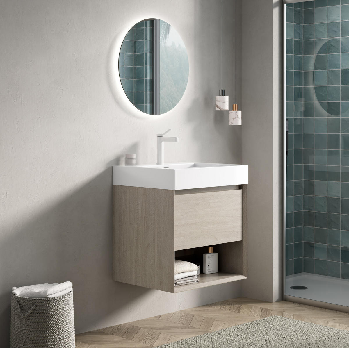 WASCHTISCHKOMBI 55 cm Eiche hell/Weiß aus Resin mit Soft-Close und Vormontage - Creme, Kunststoff (55/60/46cm) - OKMYHOME