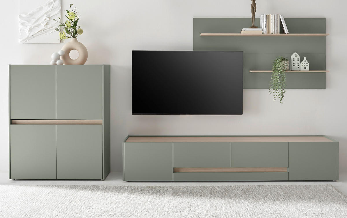 WOHNWAND 3-teilig Salbei grün, Barista Eiche 343 cm, Wohnkombination in modernem Design - Salbeigrün/Eichefarben, Holzwerkstoff/Kunststoff (343/180/45cm) - Furn.Design