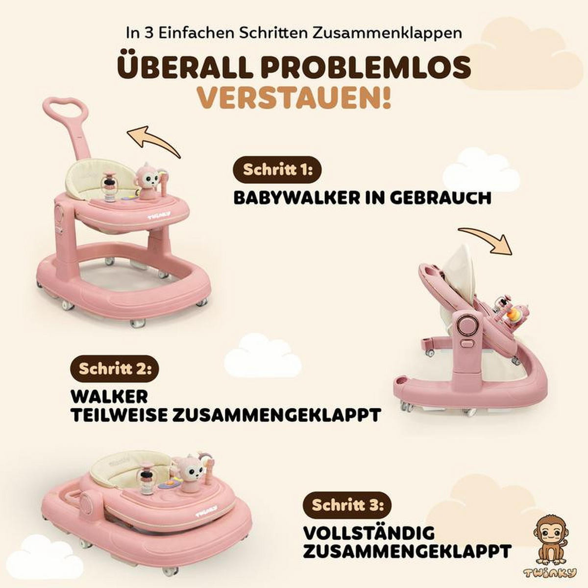 LAUFLERNHILFE GO 3 in 1 Rosa - Lauflernwagen mit Spielset und Zubehör - Pink, Kunststoff (70/70cm) - Twinky
