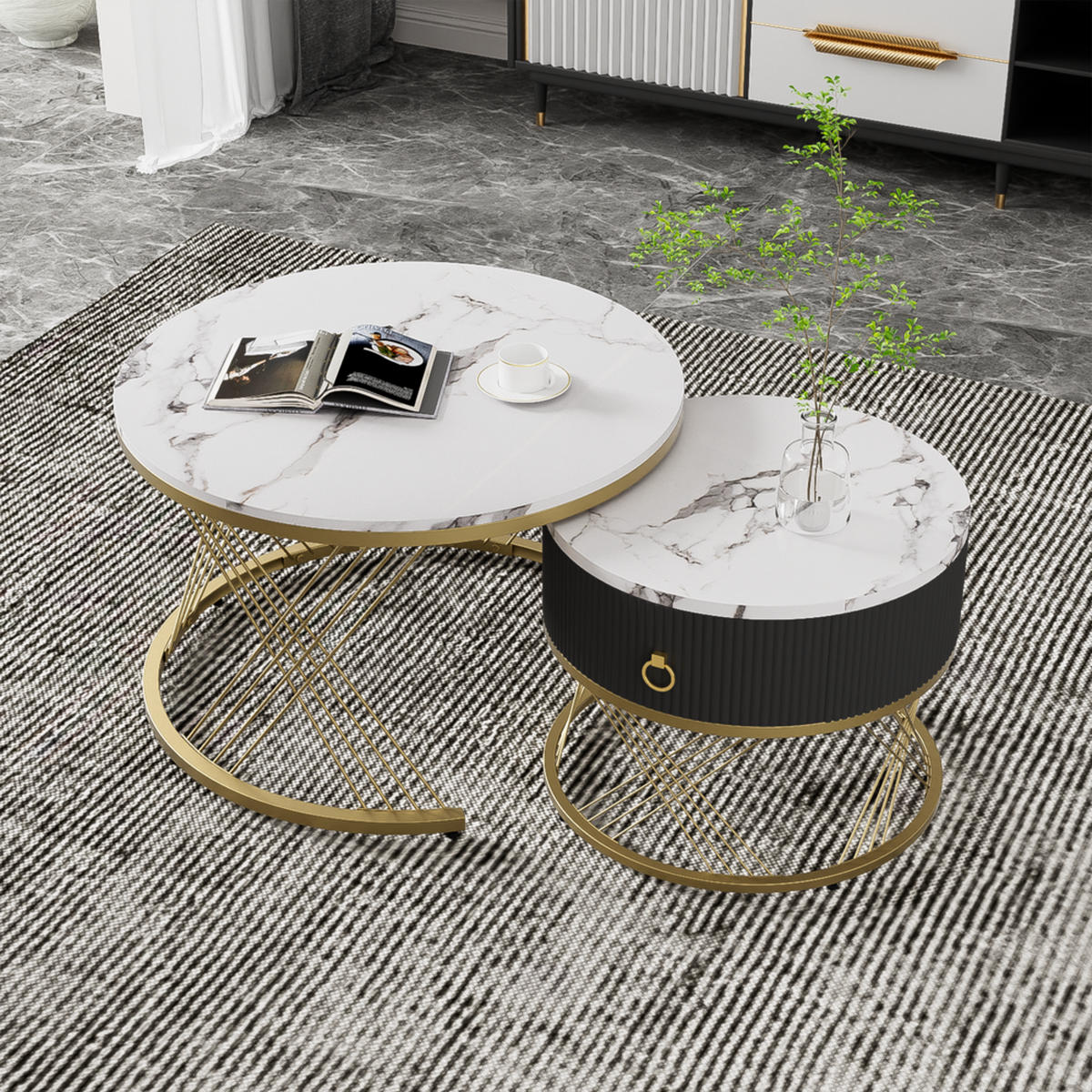 COUCHTISCH SET 2-TEILIG Marmoroptik Golddekor mit Schubladen Weiß - Weiß, Holz (78/76.5/28cm) - FLIEKS