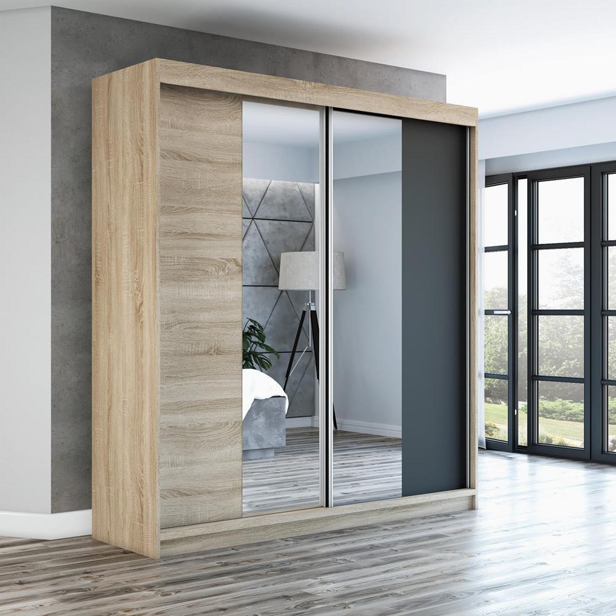 SCHWEBETÜRENSCHRANK 120 CM NEO Farbe: Sonoma / sonoma / schwarz - Schwarz/Braun, Holzwerkstoff (120/215/59.5cm) - A&J MöbelLand