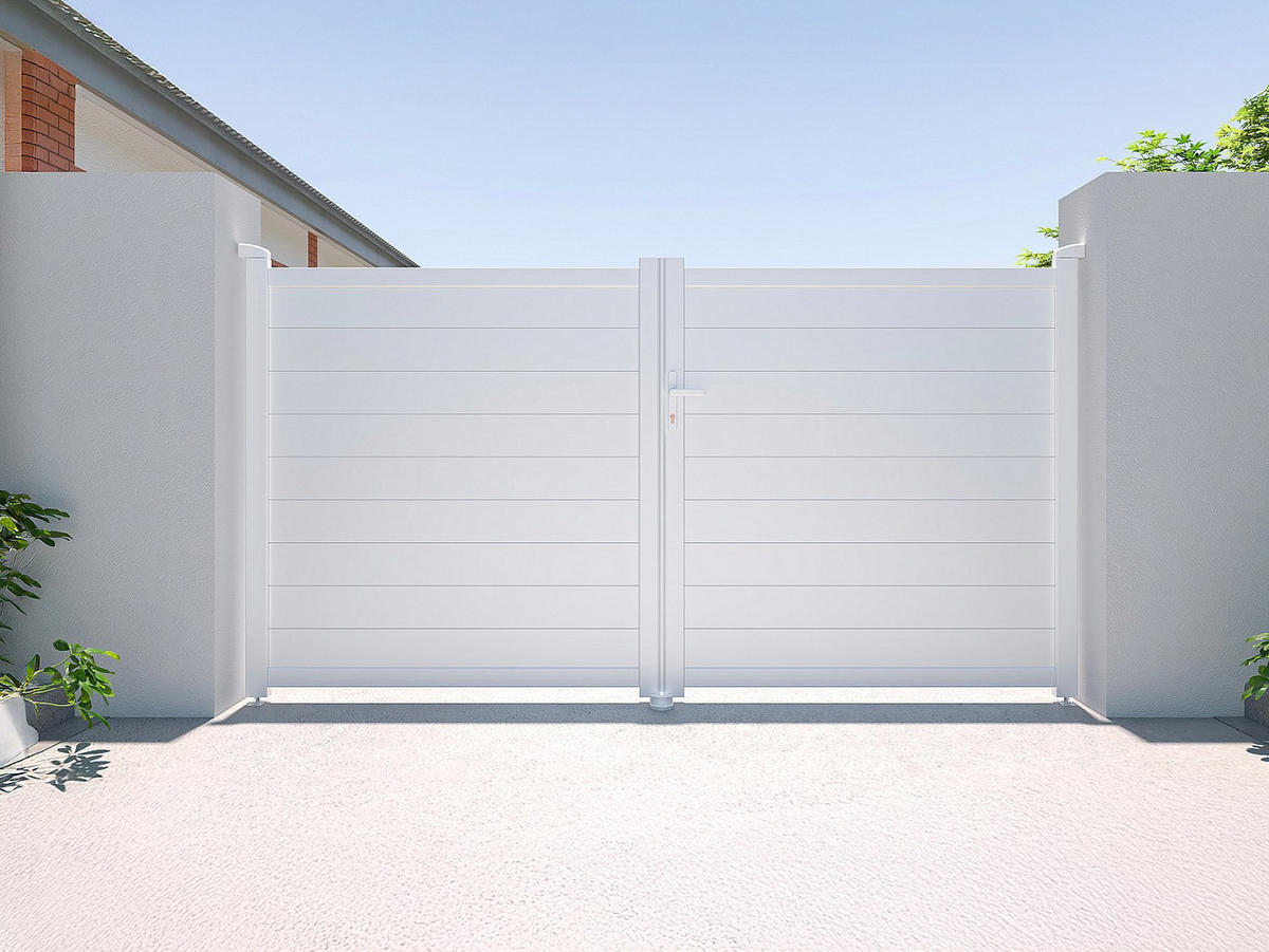 GARTENTOR Flügeltor Doppeltor - 305 x 181 cm - voll - Aluminium - Weiß - NAZARIO - Weiß, Metall (300/176cm) - Vente-Unique