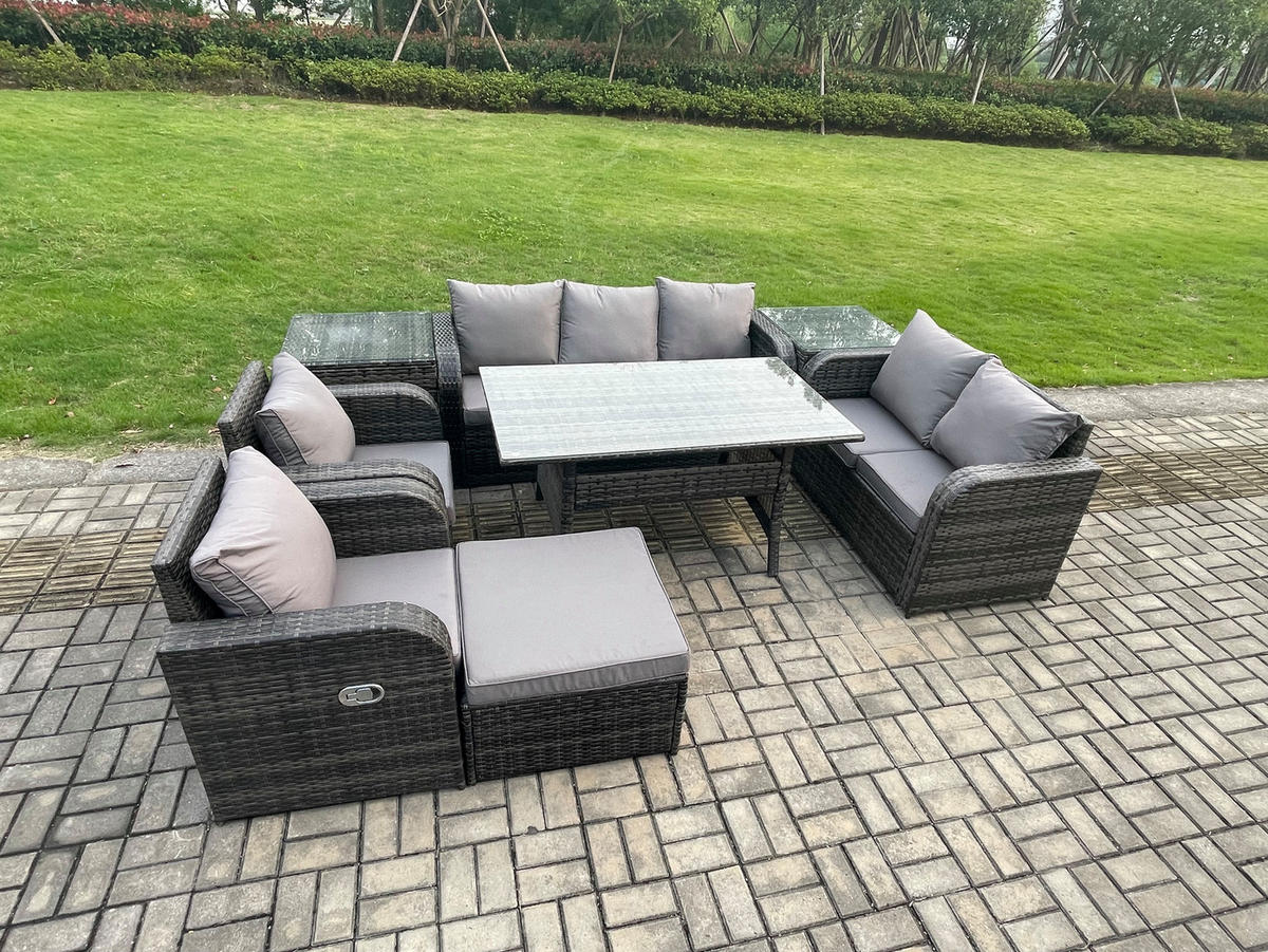 Gartenmöbelset mit Esstisch,3-Sitzer Sofa,Beistelltisch,Hocker Polyrattan Dunkelgrau 8-Sitzer - Dunkelgrau/Grau, Glas/Kunststoff - Fimous