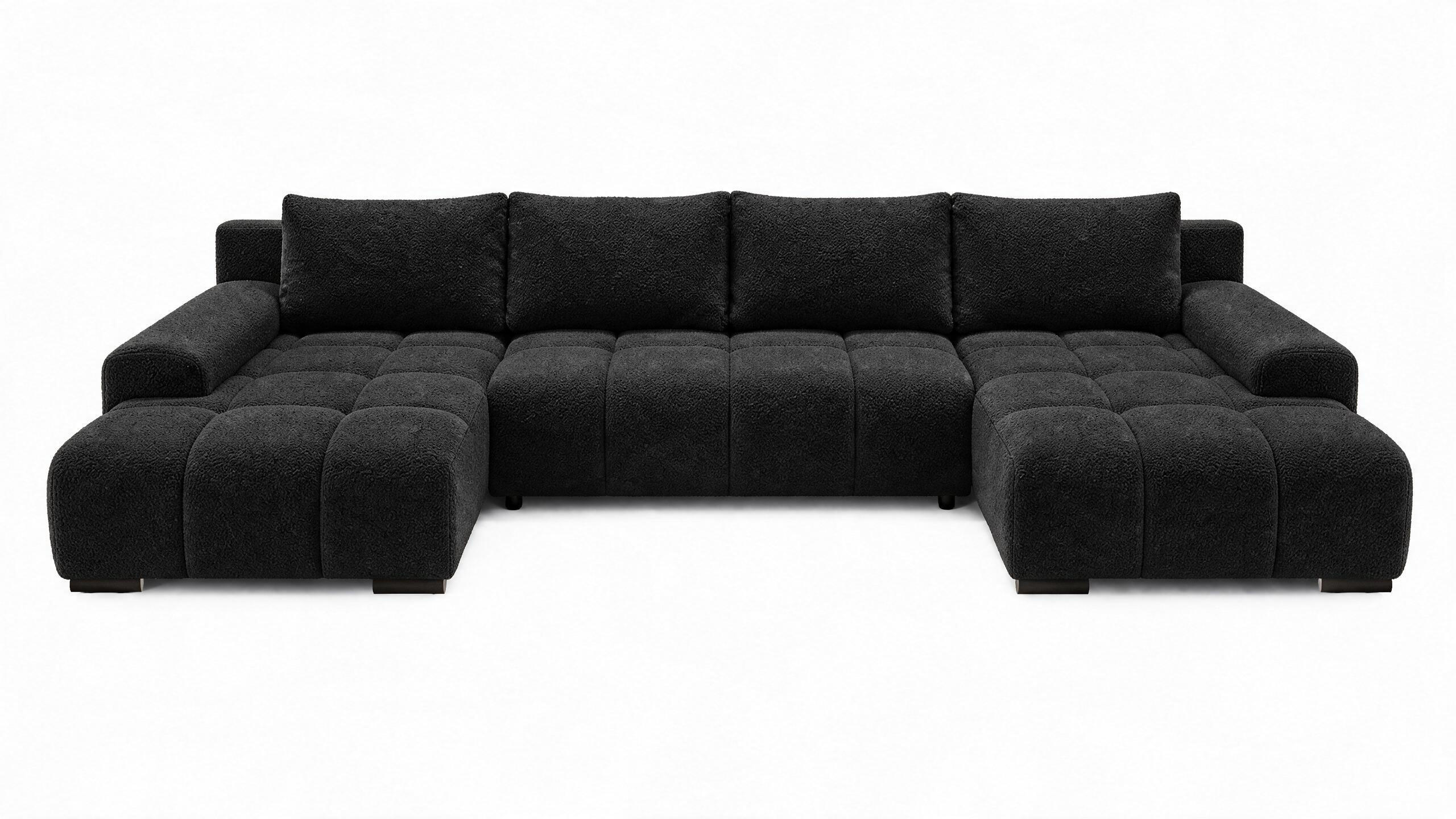 WOHNLANDSCHAFT OVIA U mit Bettkasten und Schlaffunktion, Bouclé-Stoff in U-Form - Schwarz, Textil (350/80/185cm)