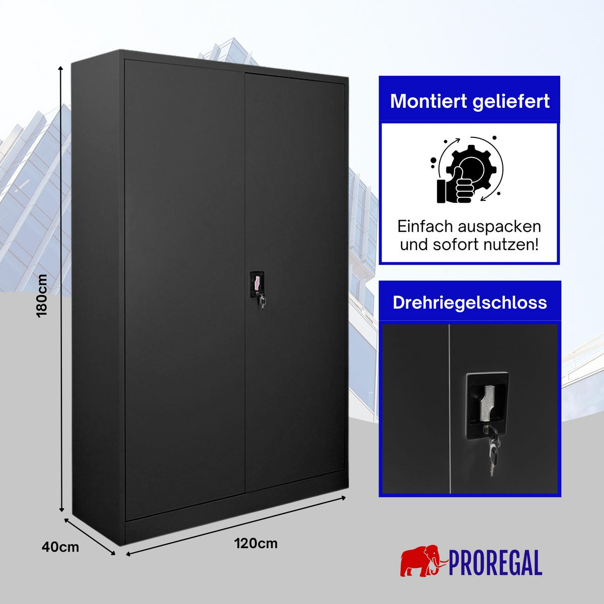 FLÜGELTÜRENSCHRANK Elephant komplett montiert 180x120x40cm 4 Ebenen Schwarz - Schwarz, Metall (120/180/40cm) - PROREGAL