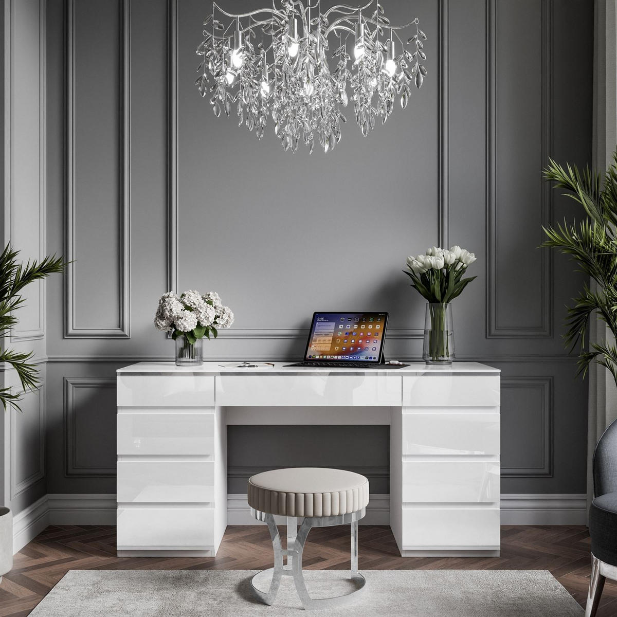 SCHREIBTISCH AURORA DOUBLE SILVER mit Schubladen - Weiß, Holzwerkstoff (55/156.8/79.2cm) - Lookway