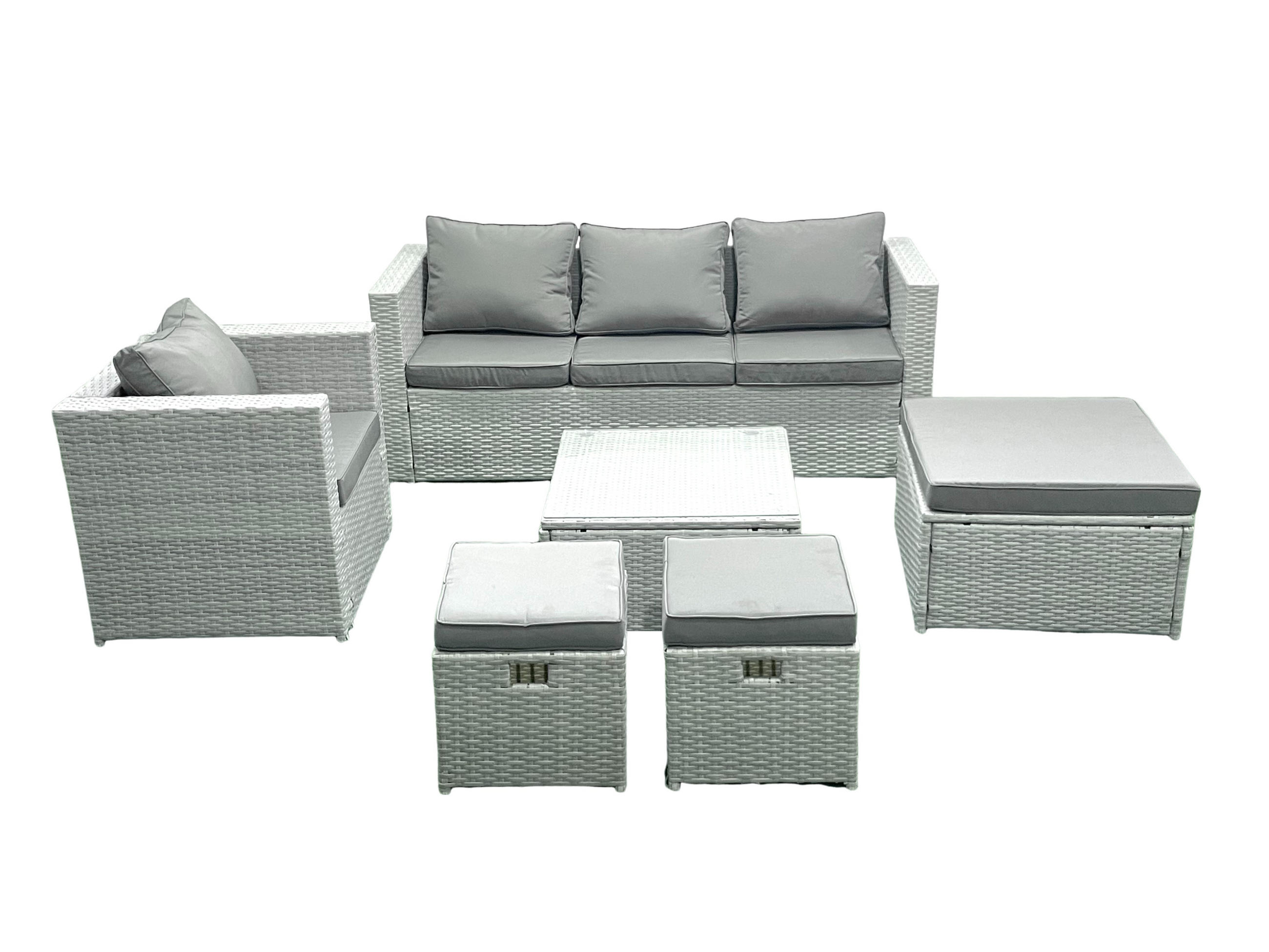 GARTENMÖBEL-SET mit Kissen Polyrattan Hellgrau-Mix 5-Sitzer - Hellgrau/Grau, Glas/Kunststoff - Fimous