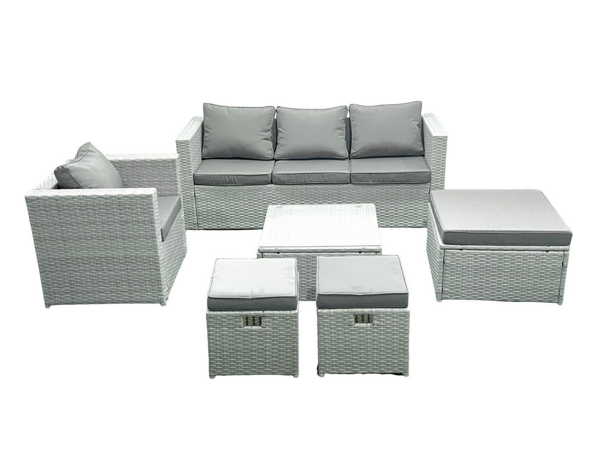 GARTENMÖBEL-SET mit Kissen Polyrattan Hellgrau-Mix 5-Sitzer - Hellgrau/Grau, Glas/Kunststoff - Fimous