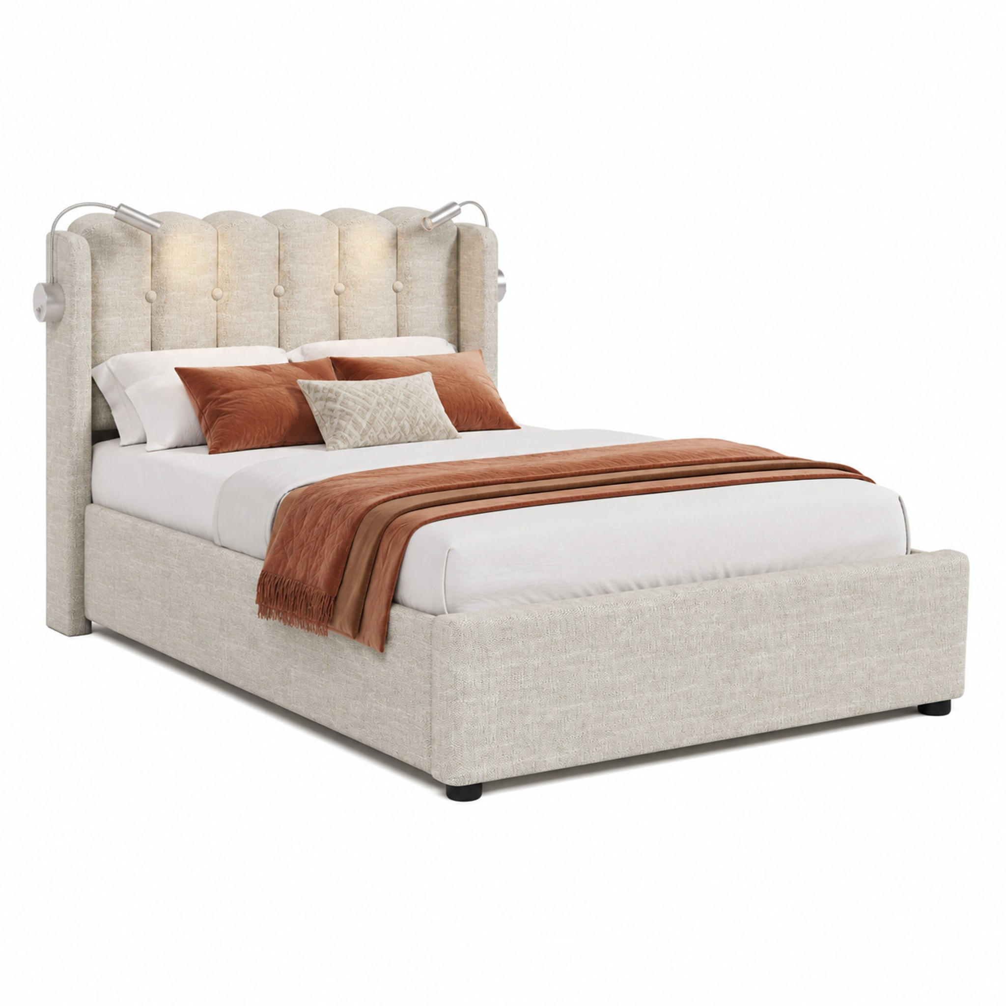 BETT mit Stauraum, USB und Leselicht 90x200 cm Leinen Natur - Beige, Metall (90/200cm) - Meubliv