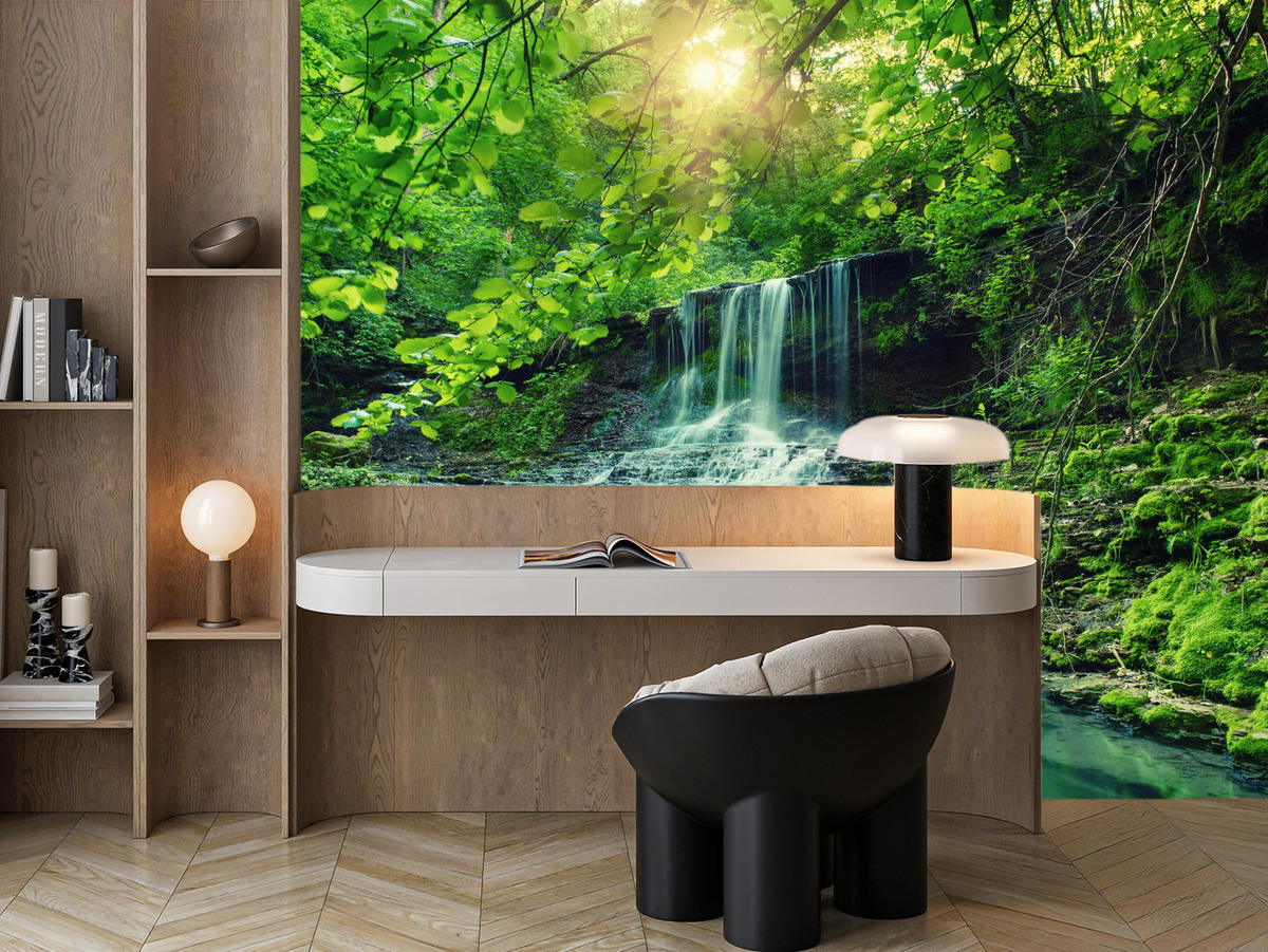 FOTOTAPETE für Schlafzimmer Türkisfarbener Wasserfall Wald Bäume Blätter Felsen 250x175 - Türkis/Blau, Papier (250/175cm) - Muralo