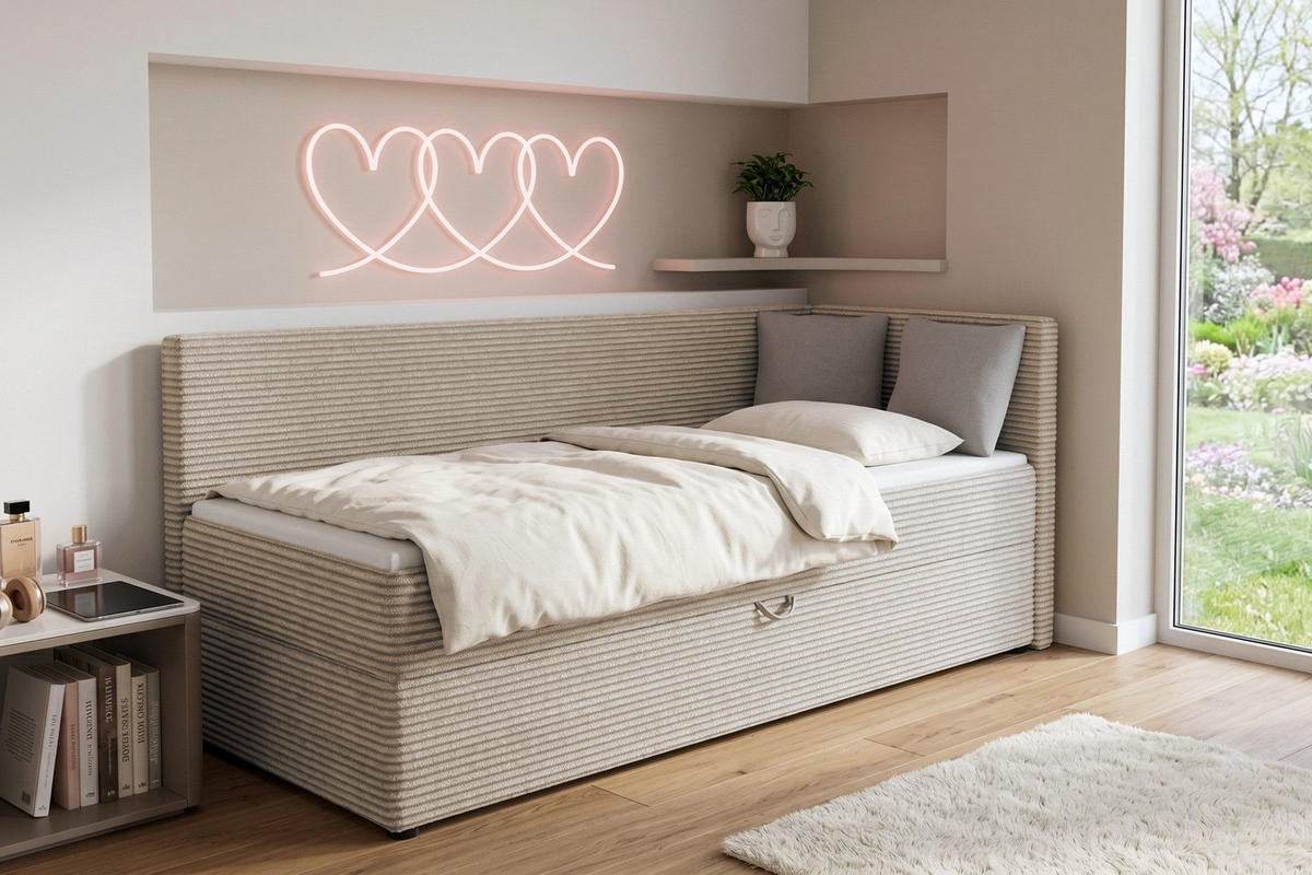 BOXBETT ROBERTO 100/200 in Cord Ecru H4 rechts - Ecru, Holz/Holzwerkstoff (100/200cm) - Deine Möbel 24