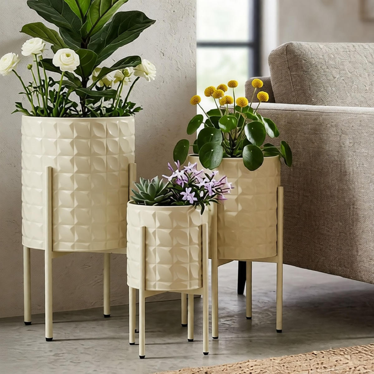 PFLANZENSTÄNDER IM 3ER-SET Hgolder Betsy, cremefarben, Eisen, Höhen 56,5, 48,5 und 37,5 cm - Creme, Metall (36/36/57cm) - Mauro Ferretti
