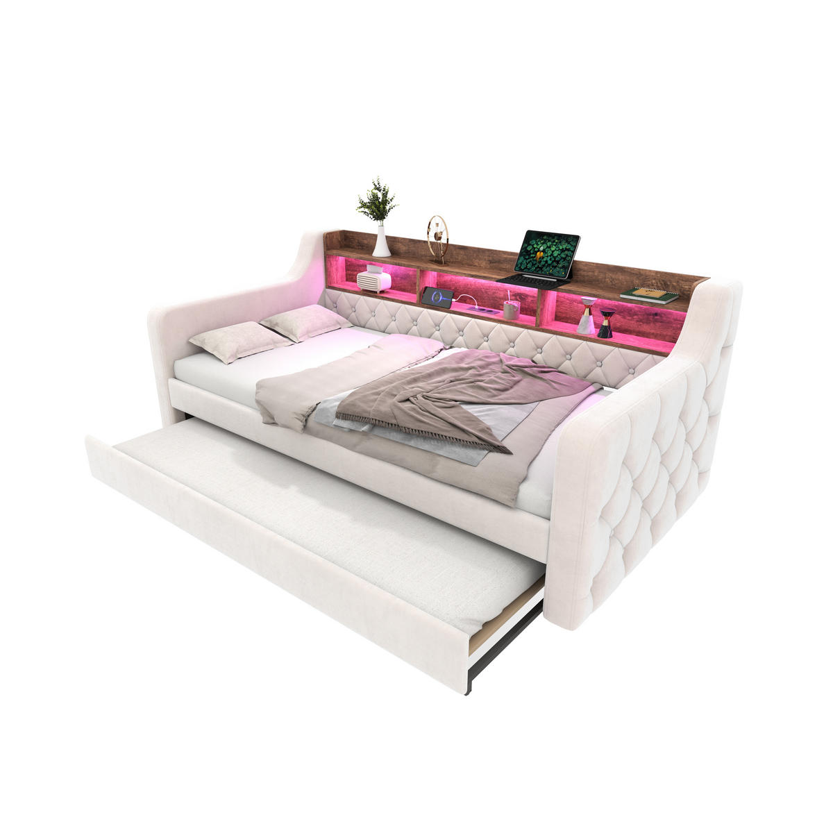 BETT 90/190 cm aus Samt mit Stauraum LED-Ambiente & USB-Type-C-Anschluss Beige - Beige, Textil (90/190cm) - OKWISH