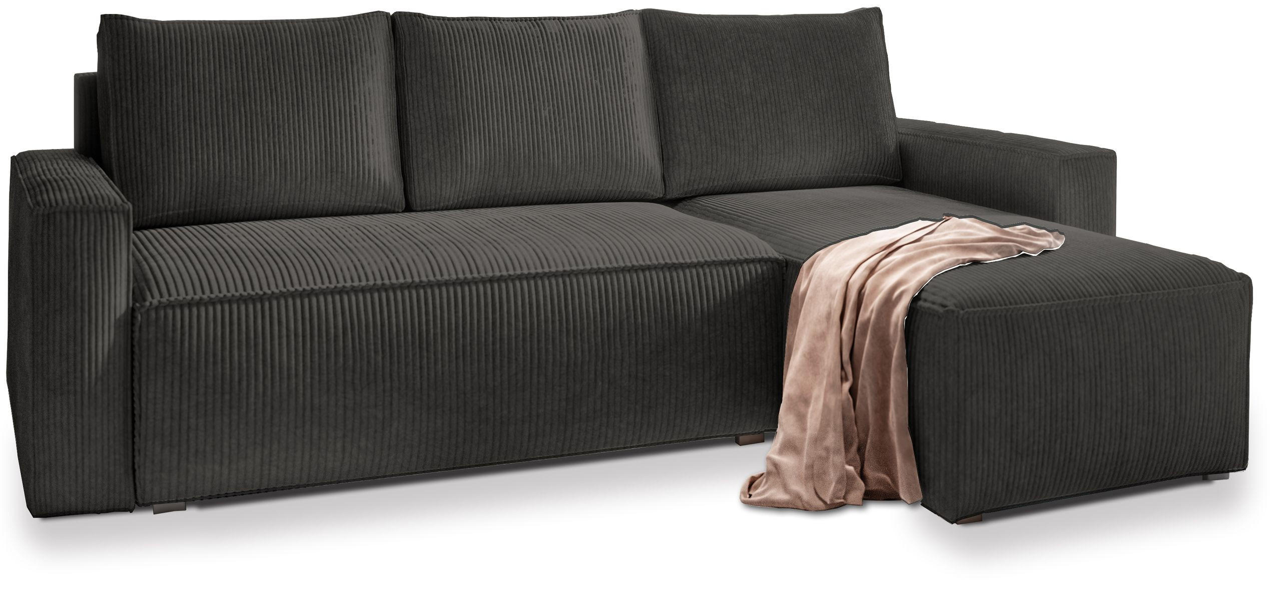 ECKSOFA POTARO Graphitfarben Kordstoff mit Schlaffunktion - Graphitfarben, Holz (232/140cm) - MASSENO
