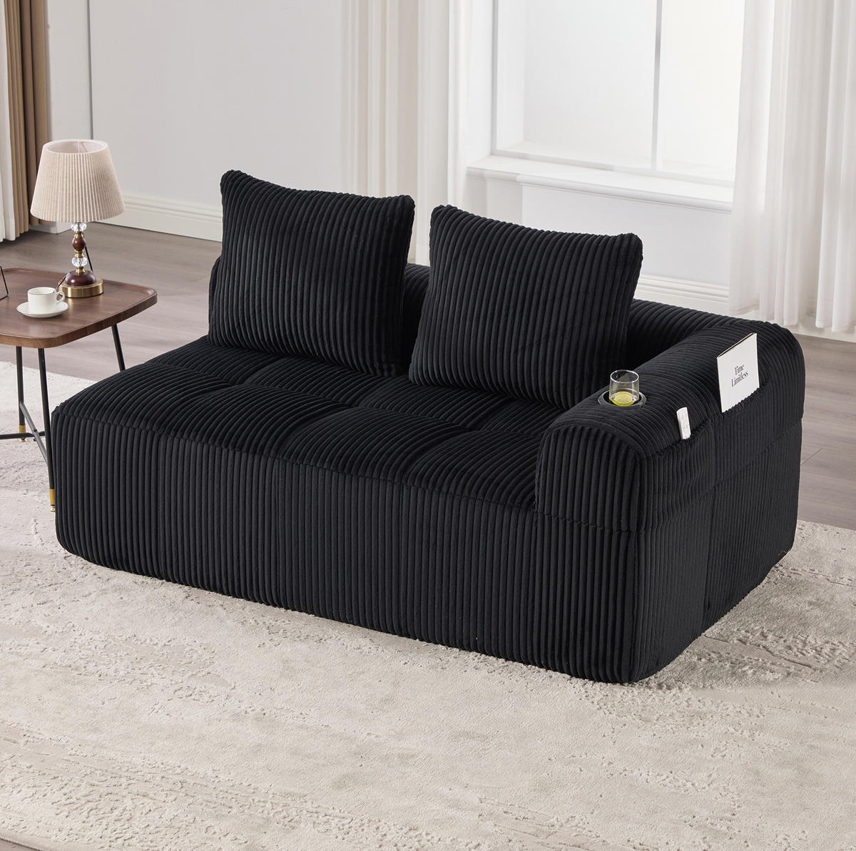 2-SITZER-SOFA aus Cord 158x93x61 cm in Schwarz mit Seitenfächern & Becherhaltern - Schwarz, Textil (93/61/158cm) - Modfu