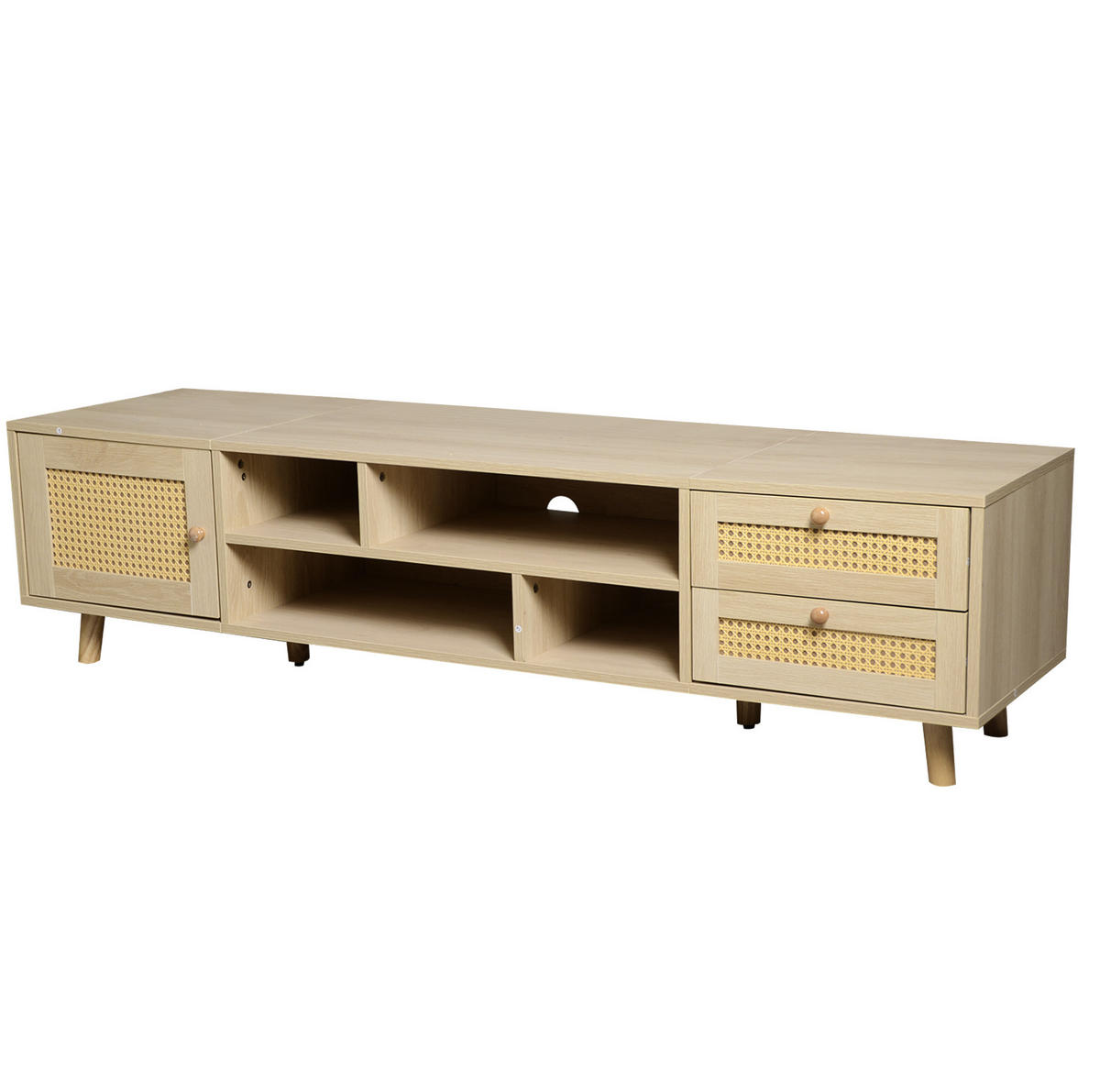 TV-LOWBOARD aus Spanplatte und Rattan 160x39x40,5 cm Eiche mit 2 Schubladen und Kabelführung - Naturfarben, Holzwerkstoff (160/40/39cm) - IVMEU
