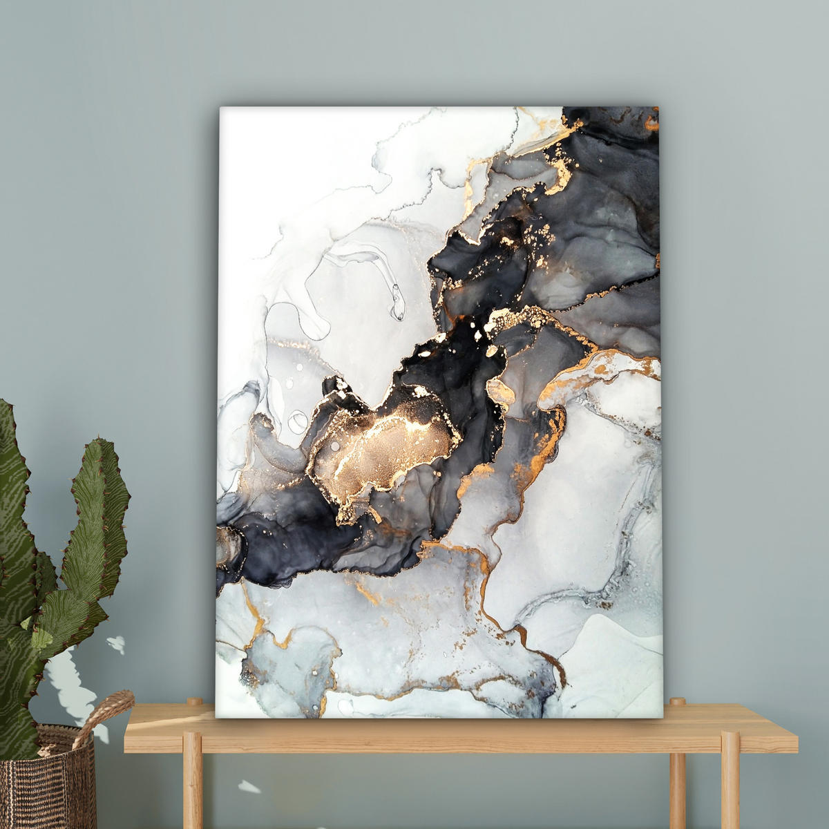 LEINWANDBILD Marmor - Schwarz - Weiß - Gold - Luxus - Abstrakt 60x80 cm - Goldfarben, Textil (60/80cm) - MuchoWow