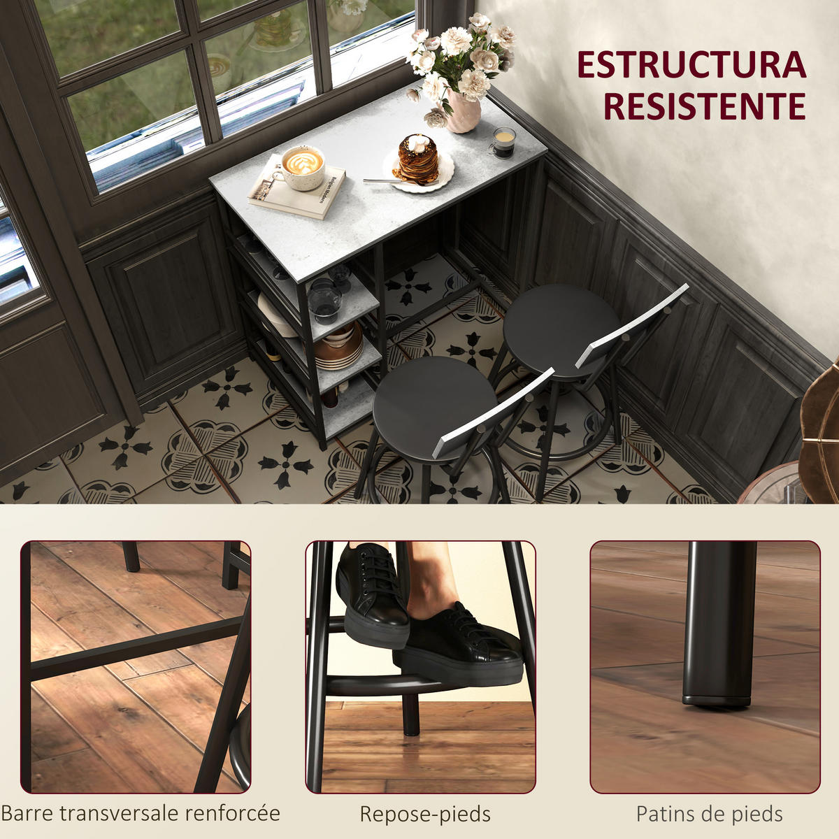 BARTISCH-SET DE-14753 mit 3 Ablagen & 2 Hockern Grau/Schwarz - Hellgrau, Holzwerkstoff (90/50/90.5cm) - ComfortXL