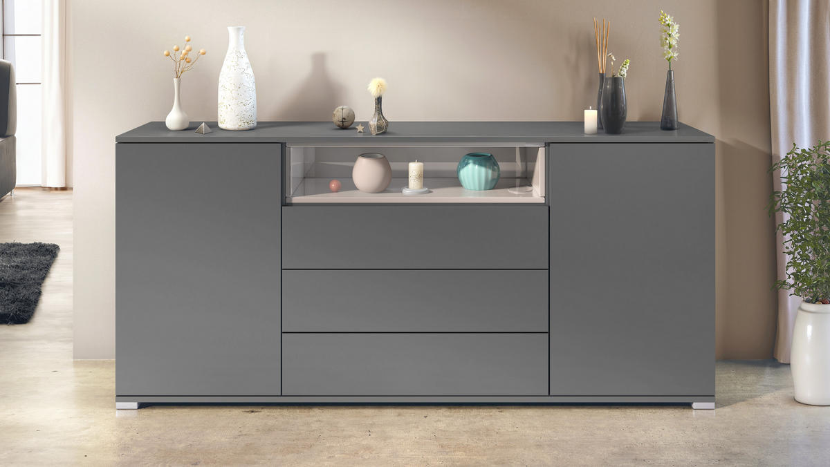 SIDEBOARD Skadu Sandgrau Hochglanz - Sandfarben, Holzwerkstoff (166.5/75.5/35cm) - Vladon