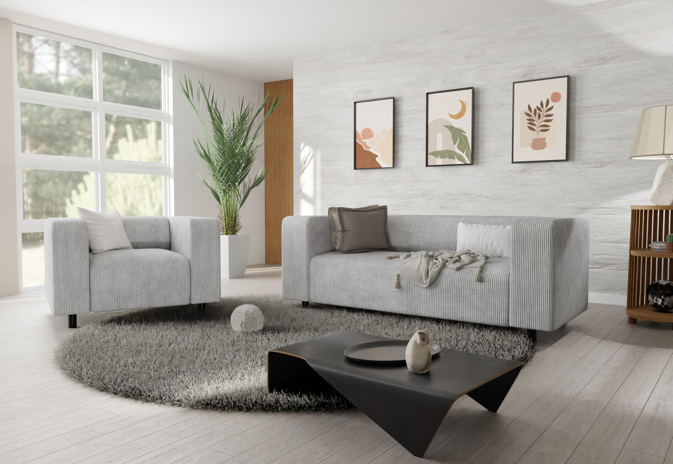 Thumbnail - S-Style Möbel Sitzgarnitur, Hellgrau, Textil, Echtholz, Teilmassiv,Buche, Birke, 3-Sitzer, Füllung: Schaumstoff, 151x65x...