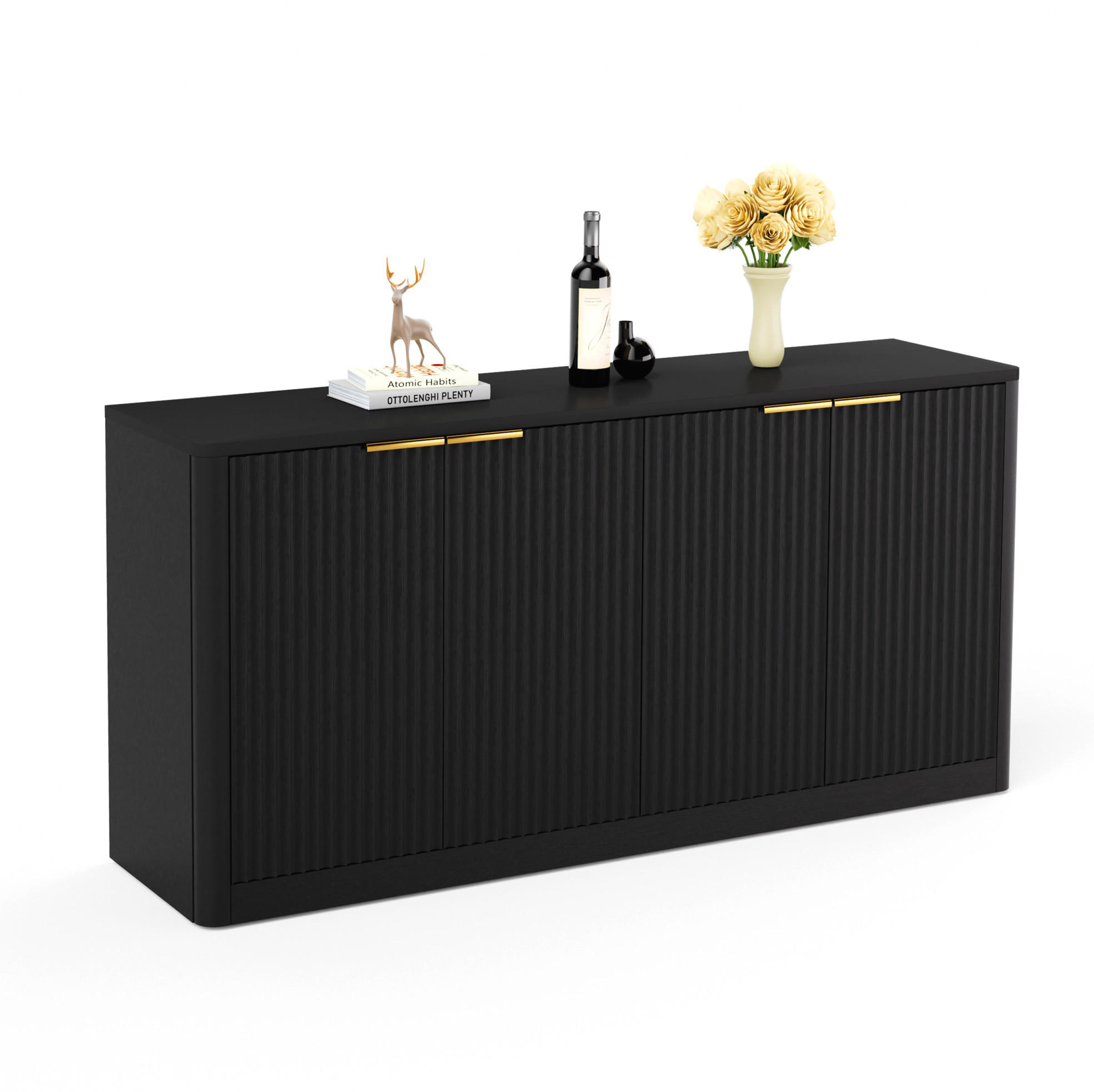 SIDEBOARD 150/40/70,5 cm in Schwarz mit 4 Türen und Wellenfront - Schwarz, Holzwerkstoff (150/70.5/40cm) - Flora Grace