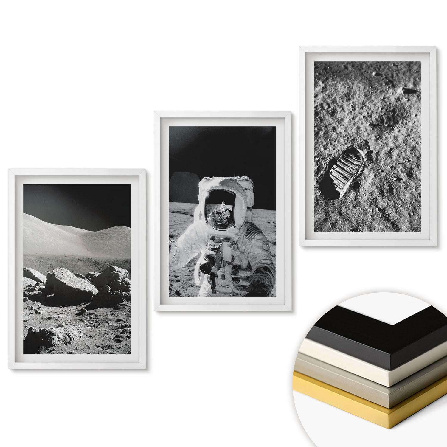WANDBILDER 3er-Set - 40x60 cm Weißer Rahmen - NASA-Fotos vom Mond Astronaut - Weiß, Kunststoff (40/60cm) - ArtPrintCave
