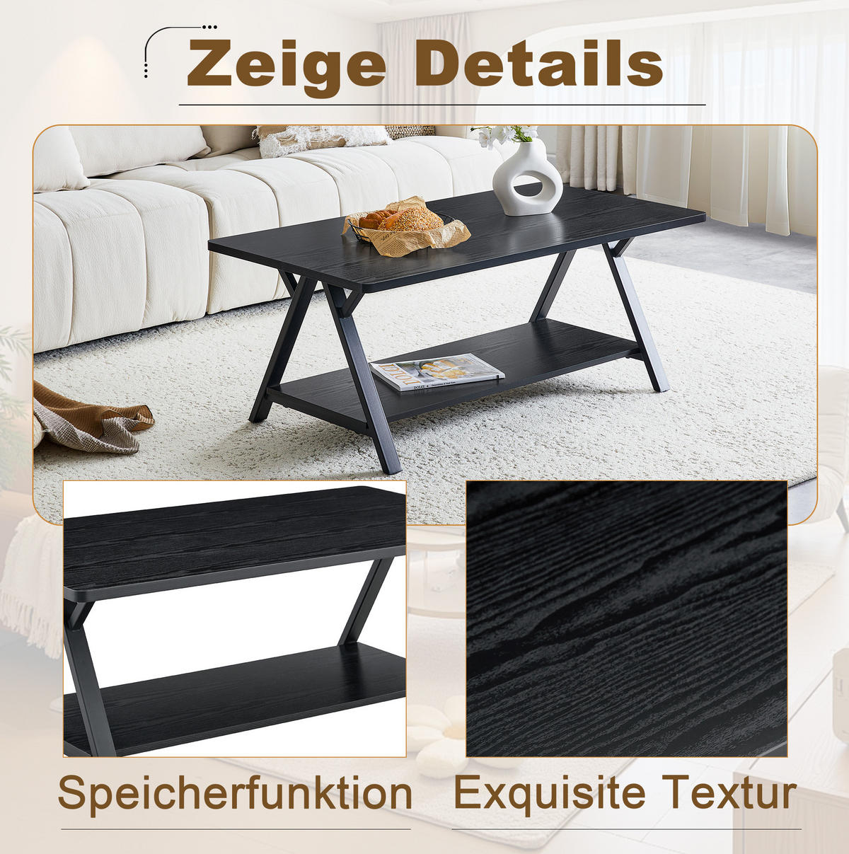 COUCHTISCH aus MDF und Metall 110x57x44,5 cm in Schwarz mit Stauraumablage - Schwarz, Holzwerkstoff (110/57/44.5cm) - Modfu