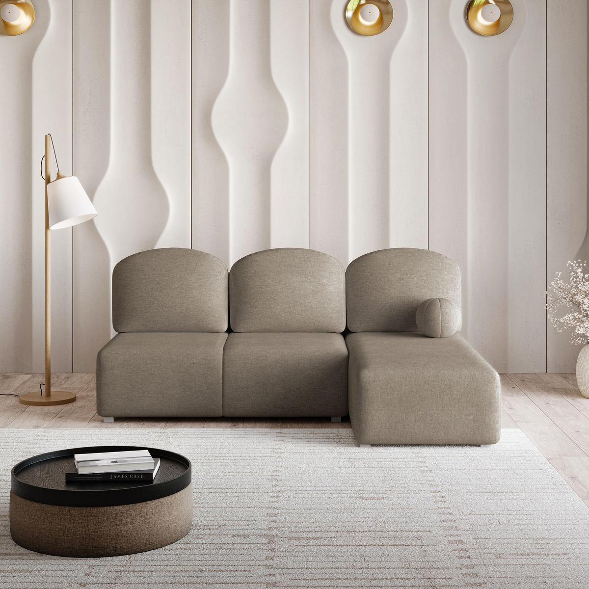 ECKSOFA TRAMA Braun Geflochtener Stoff mit Schlaffunktion - Braun, Holz (200/143cm) - MASSENO