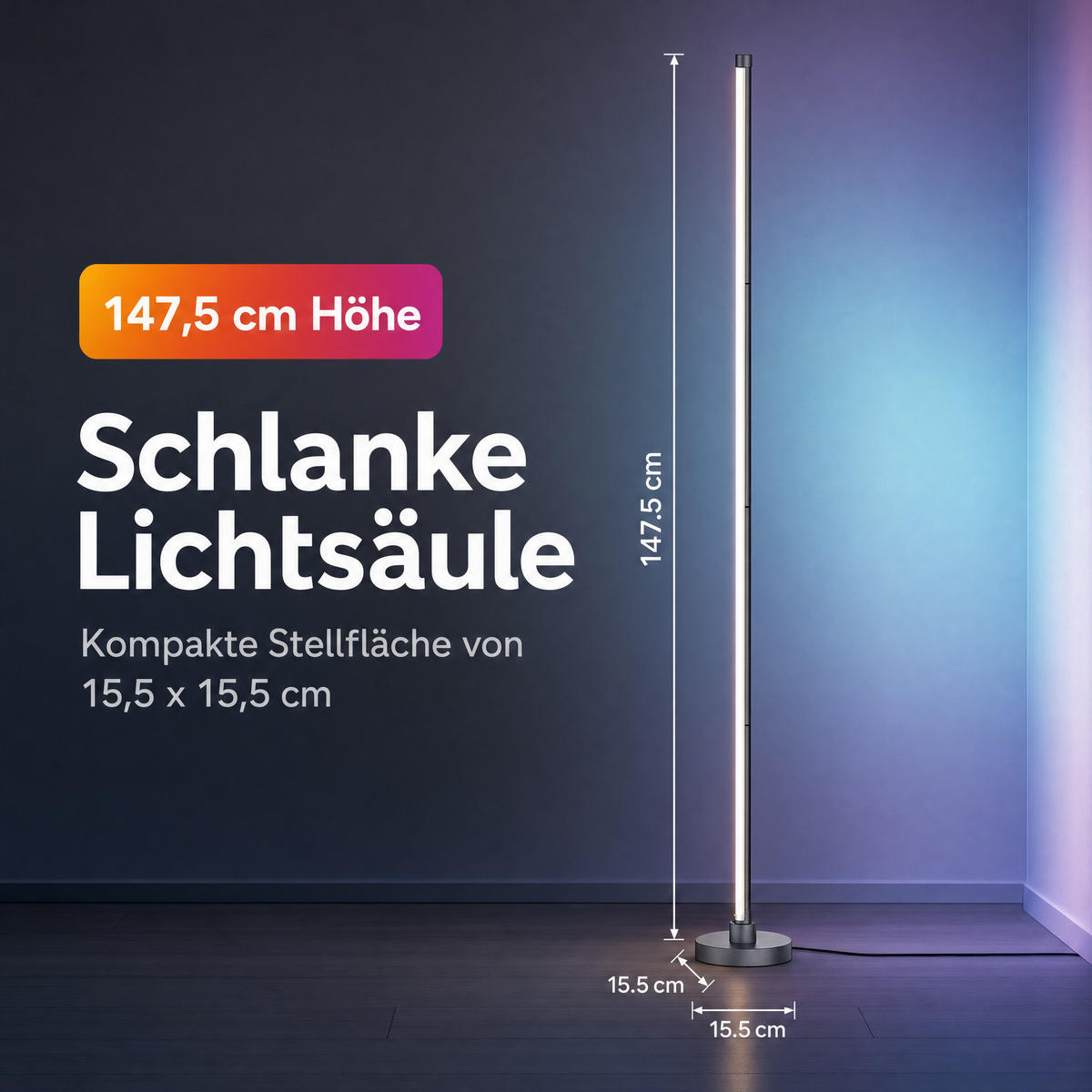 LED-ECKLAMPE mit Fernbedienung integriertem Soundsensor digitale RGBs + Warmweiß Farbeffekte Schwarz - Grau, Kunststoff (15.5/15.5/147.5cm) - Northpoint